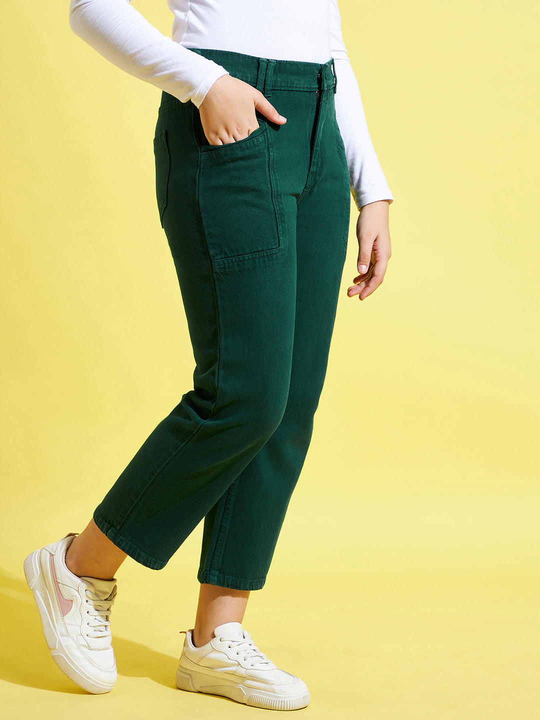 Girls Green Front Pocket Straight Jeans - Lyush Kids