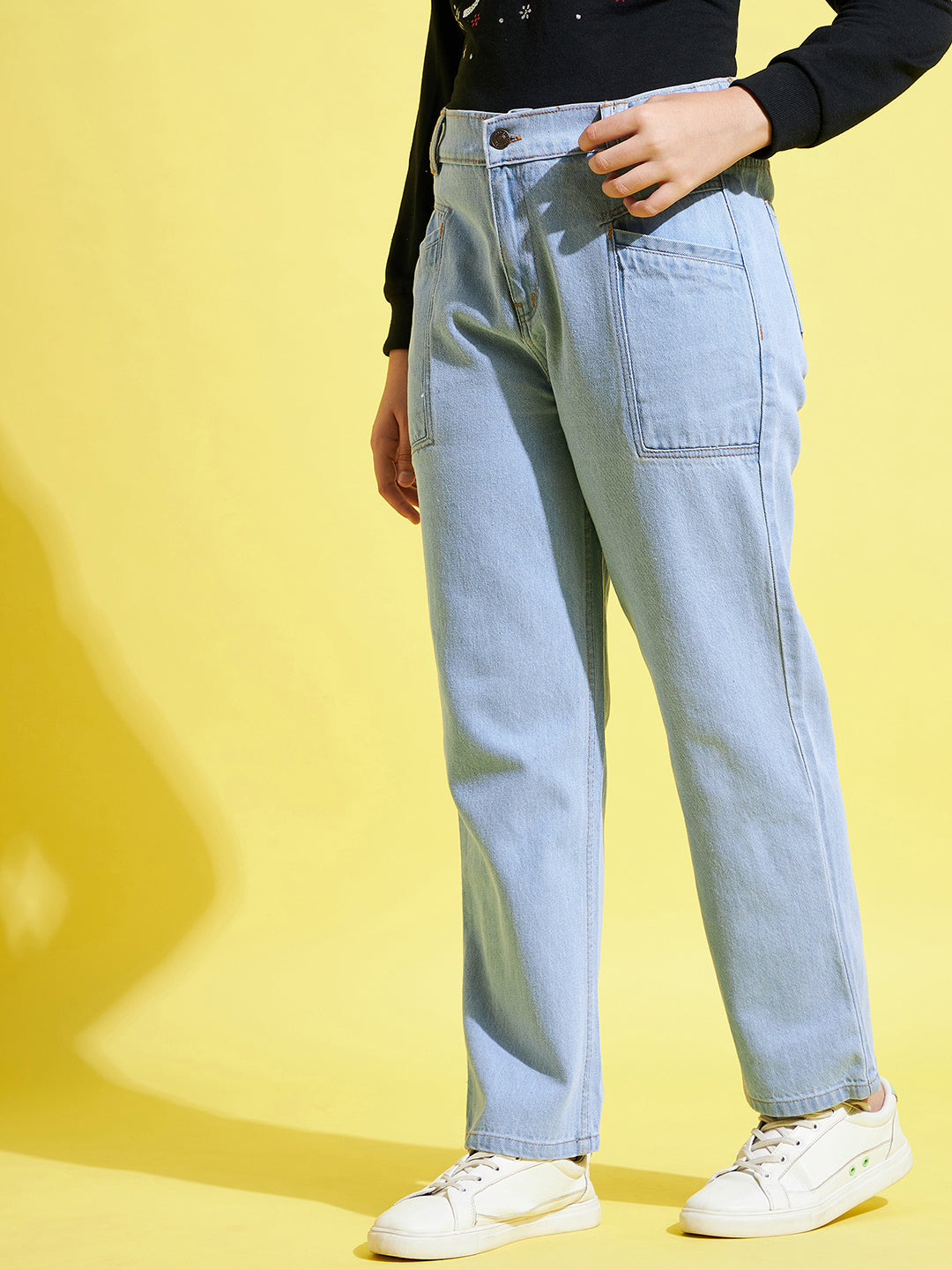 Girls Ice Blue Front Pocket Straight Jeans - Lyush Kids