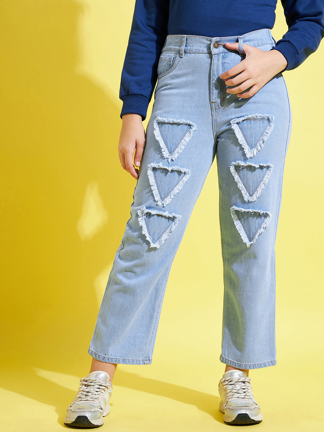 Girls Ice Blue Triangle Patch Jeans - Lyush Kids