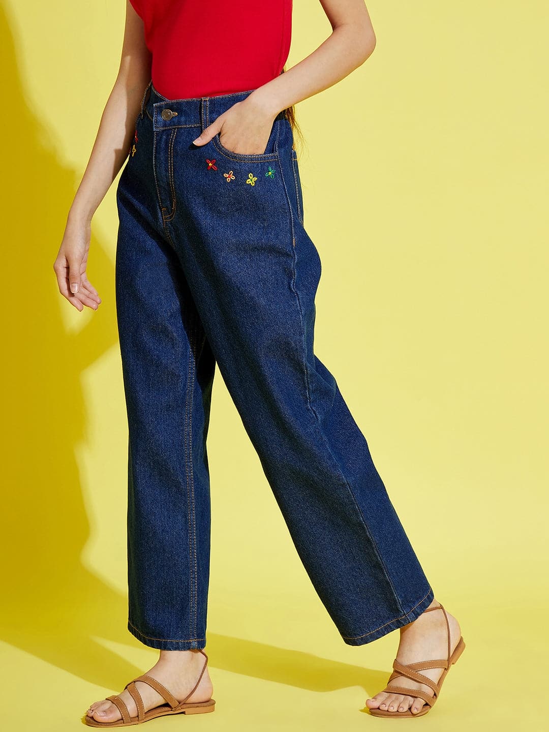 Girls Navy Pocket Embroidery Straight Jeans - Lyush Kids