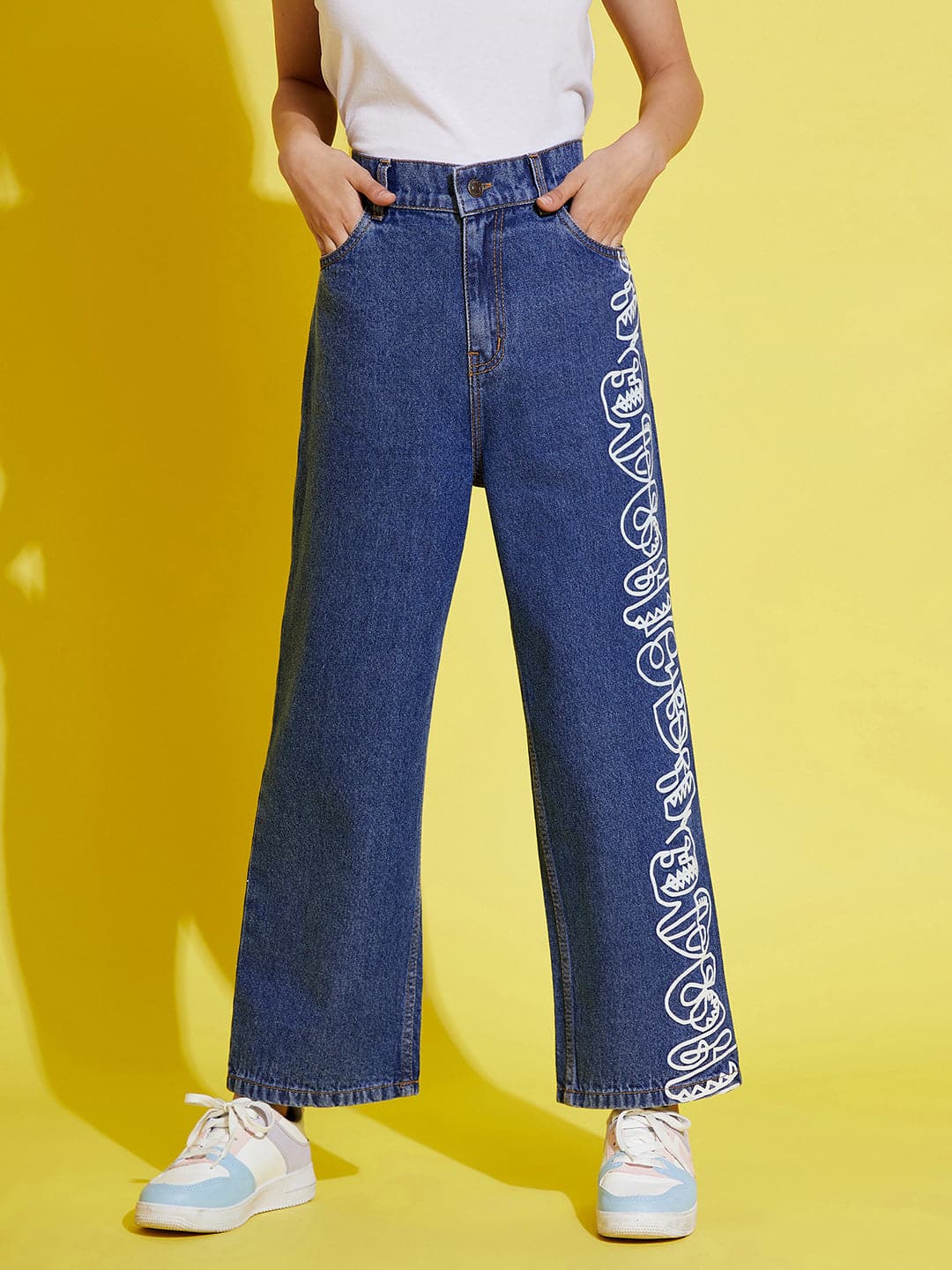 Girls Blue Face Print Straight Jeans - Lyush Kids