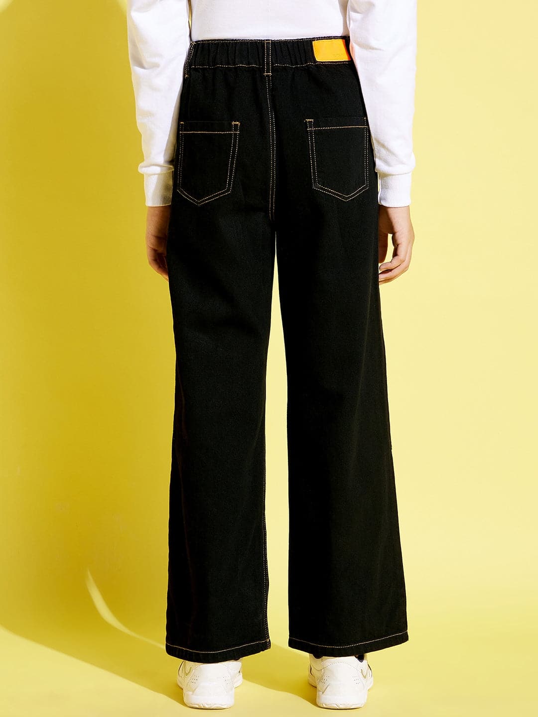 Girls Black Contrast Thread Straight Jeans - Lyush Kids