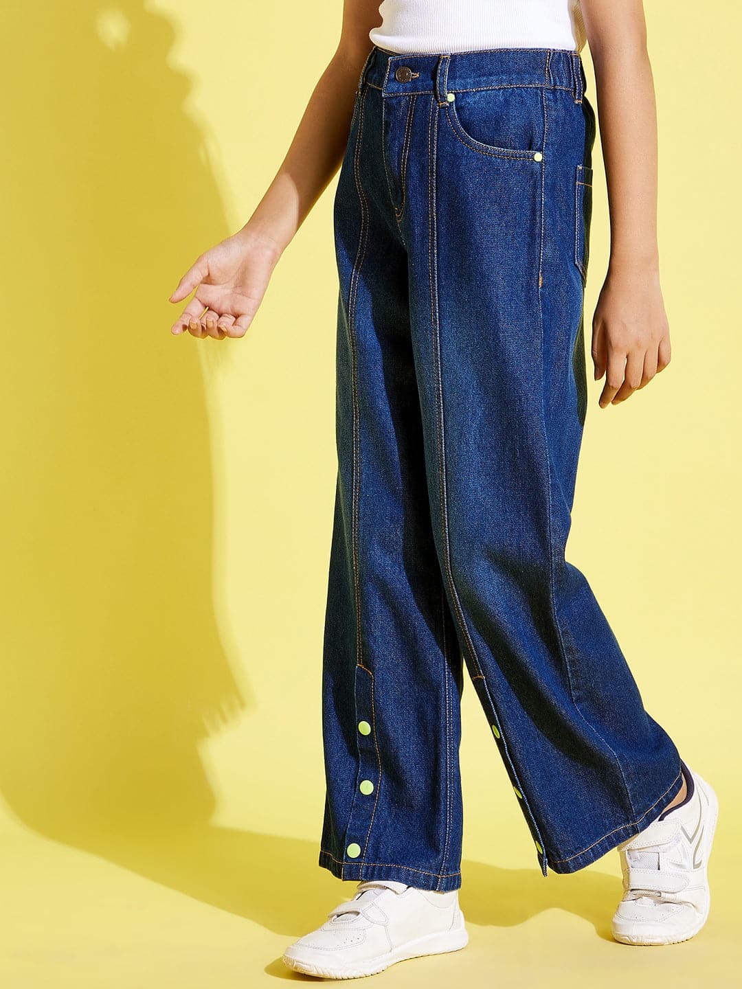 Girls Blue Front Snap Button Straight Jeans - Lyush Kids