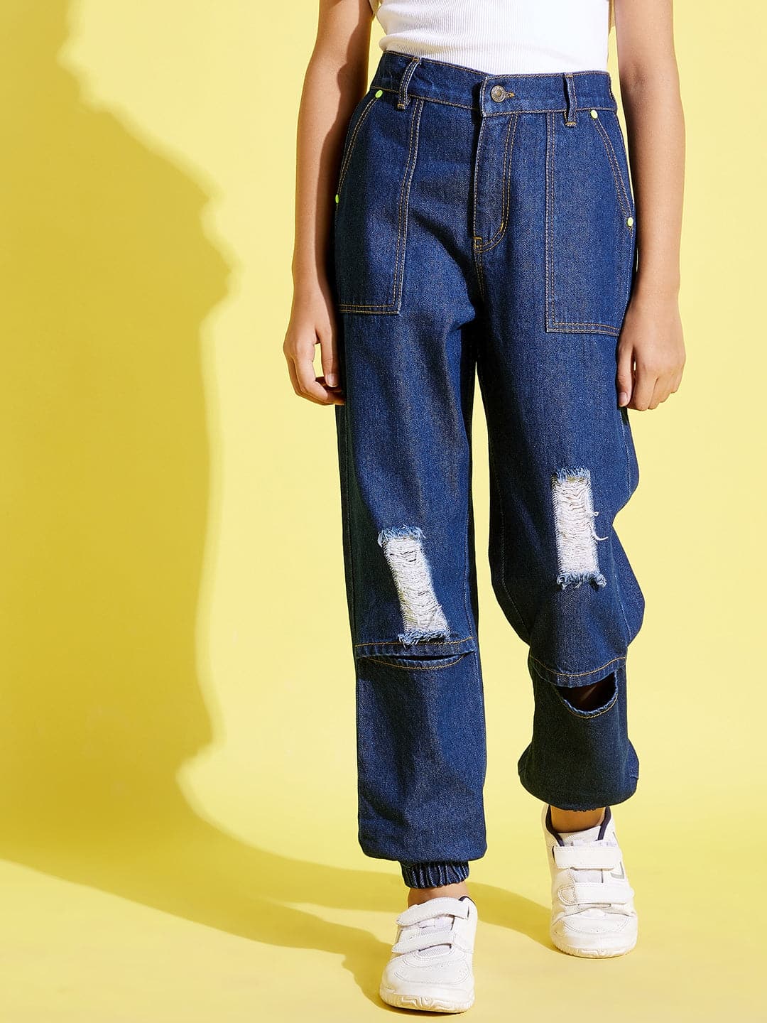 Girls Blue Knee Slit Denim Jogger Jeans - Lyush Kids