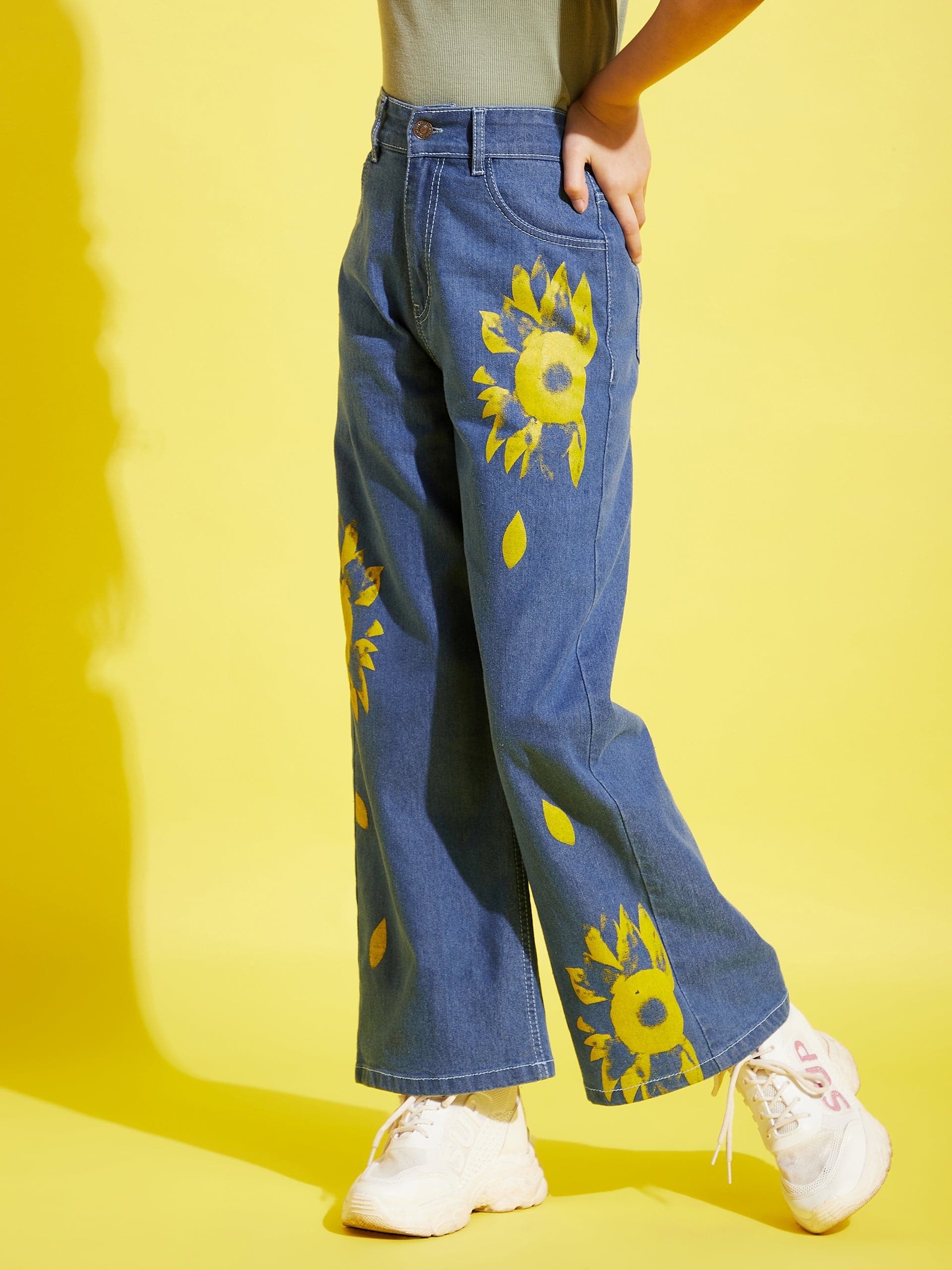 Girls Ice Blue Flower Print Straight Jeans - Lyush Kids