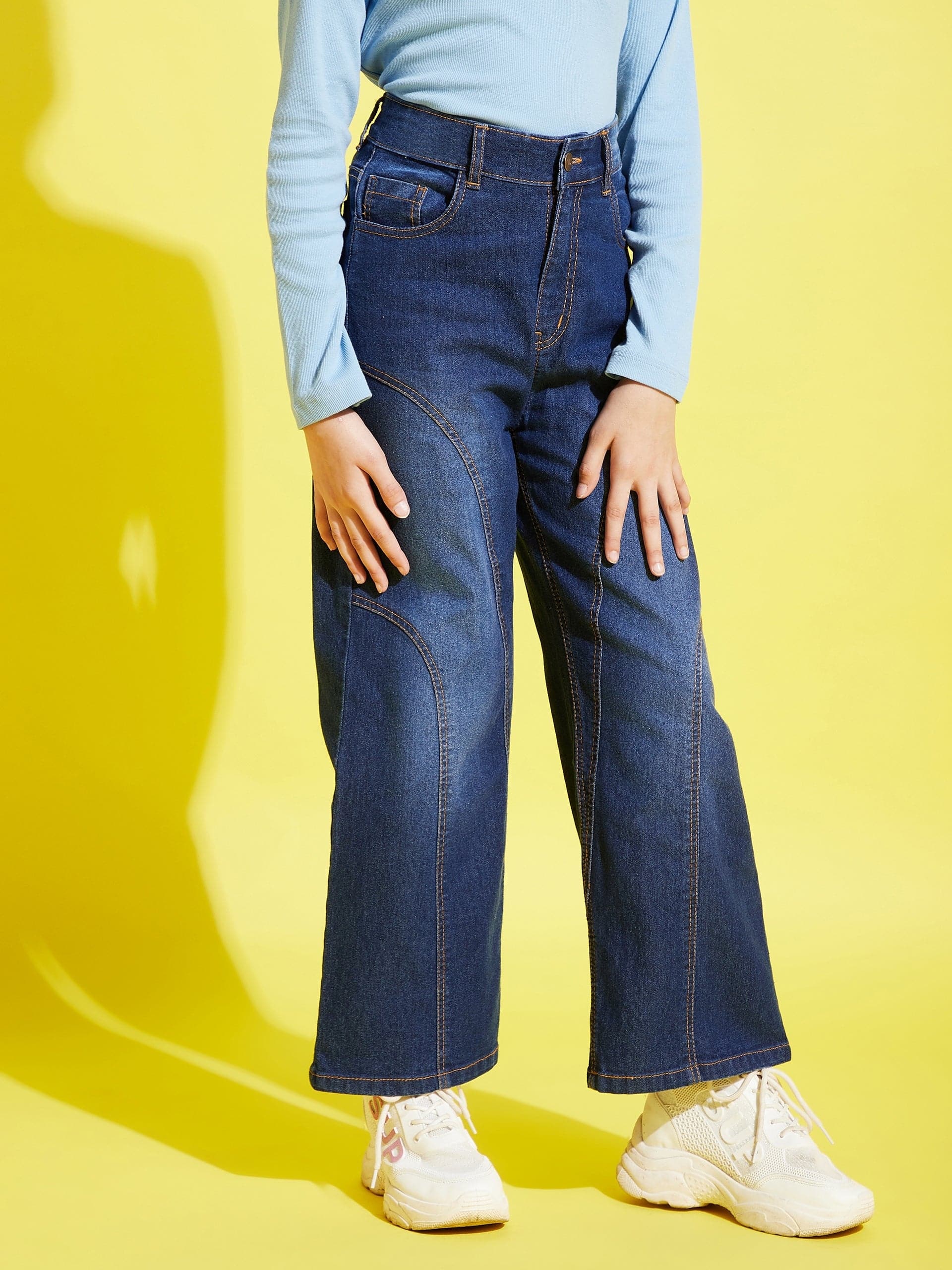 Girls Blue Contrast Thread Straight Jeans - Lyush Kids