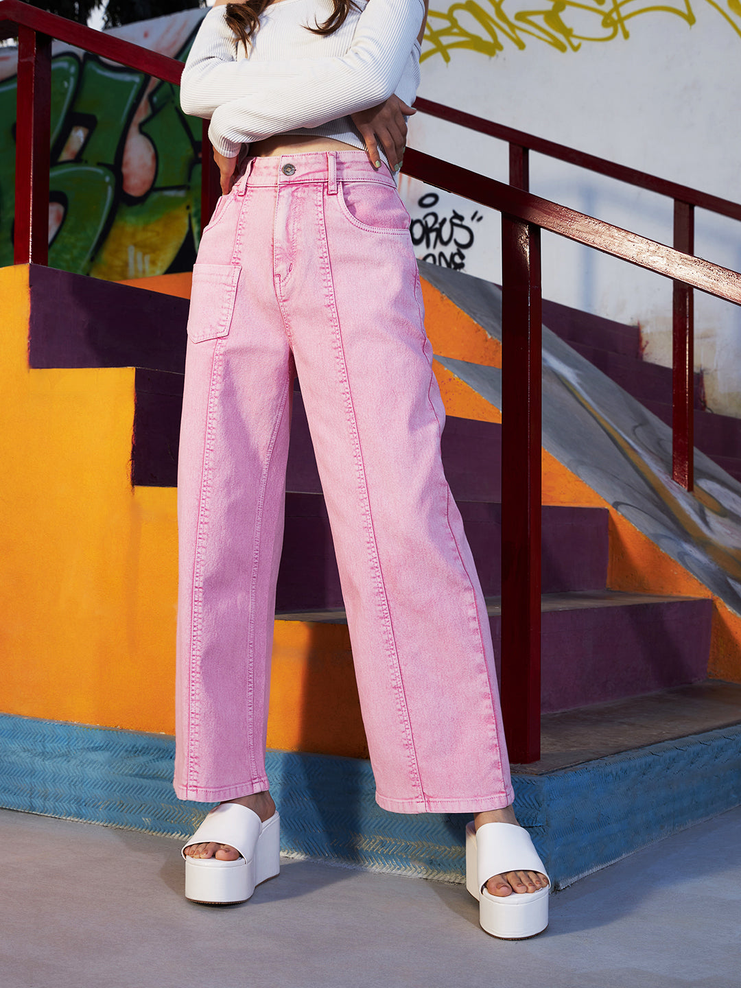 Girls Pink Acid Wash Front Patch Pocket Straight Jeans - SASSAFRAS Kids