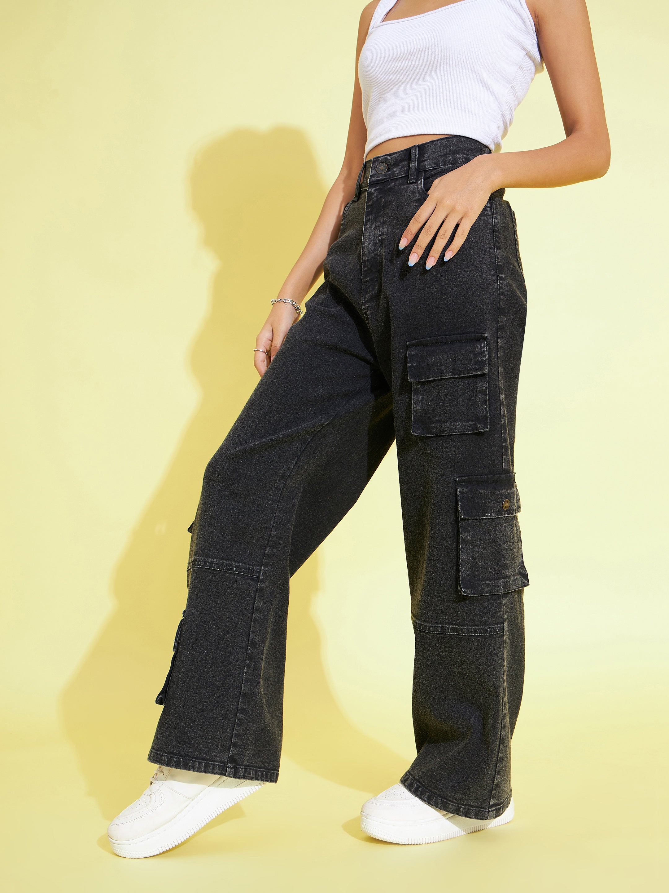 Girls Black Acid Wash Multi Pockets Straight Jeans - Lyush Kids