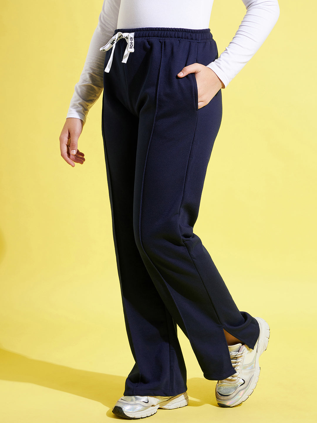 Girls Navy Fleece Brand Drawstring Track Pants - Lyush Kids
