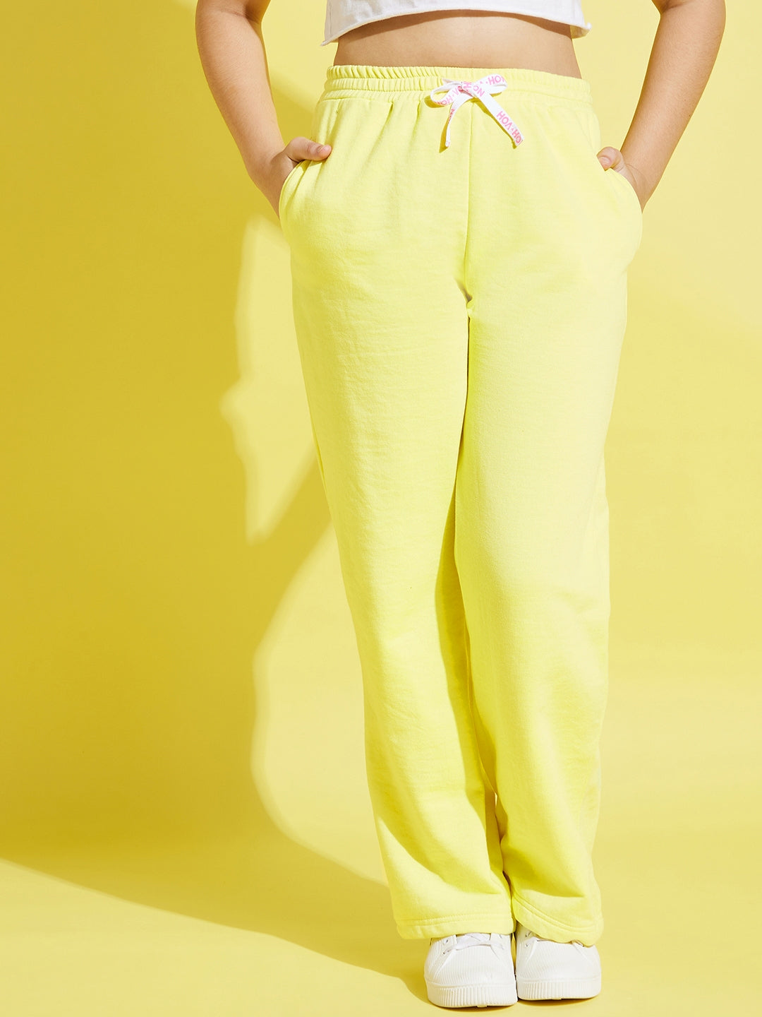 Girls Yellow Fleece Brand Drawstring Track Pants - Lyush Kids