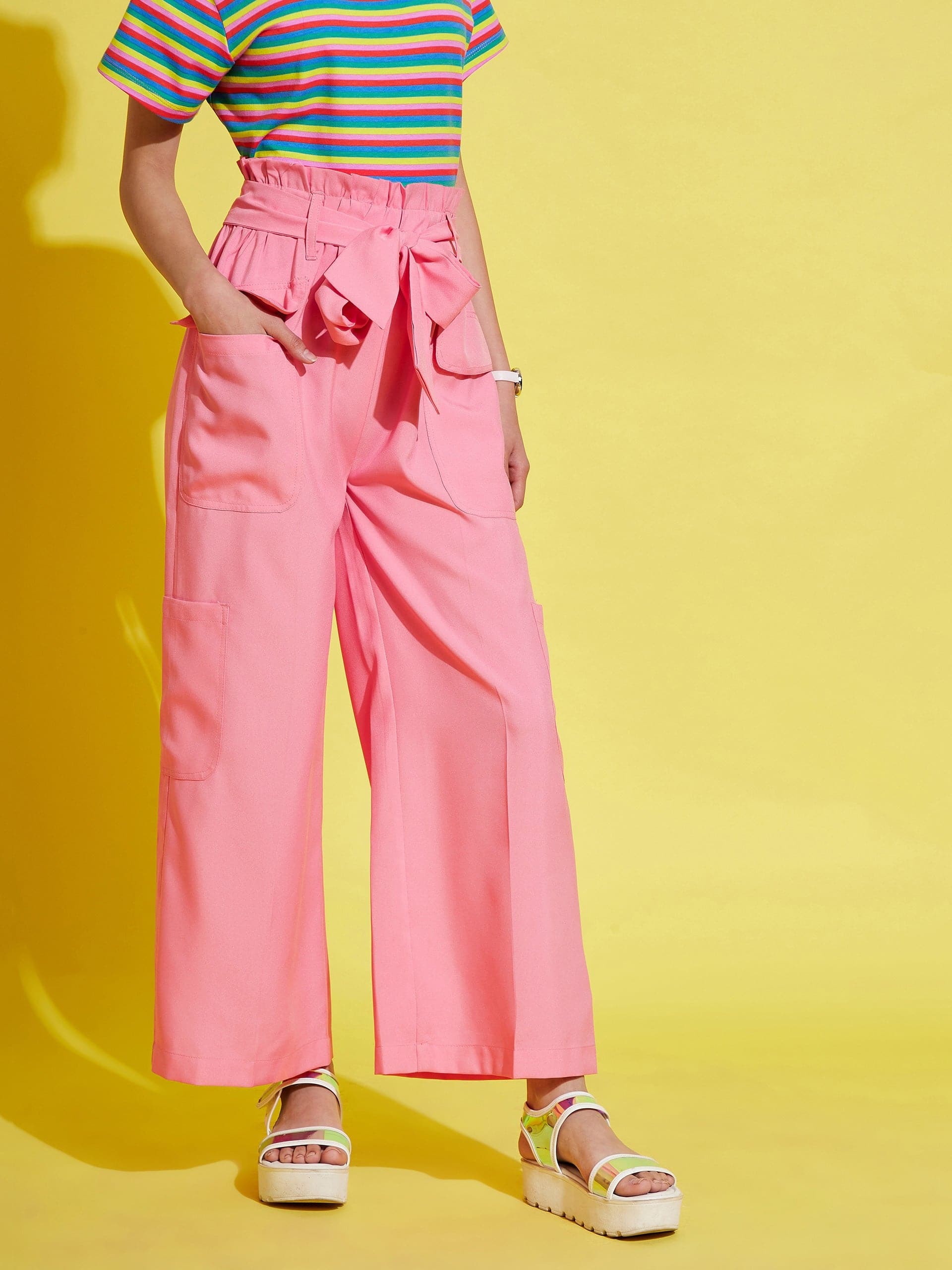 Girls Pink Paper Bag Multi Pocket Pants - Lyush Kids