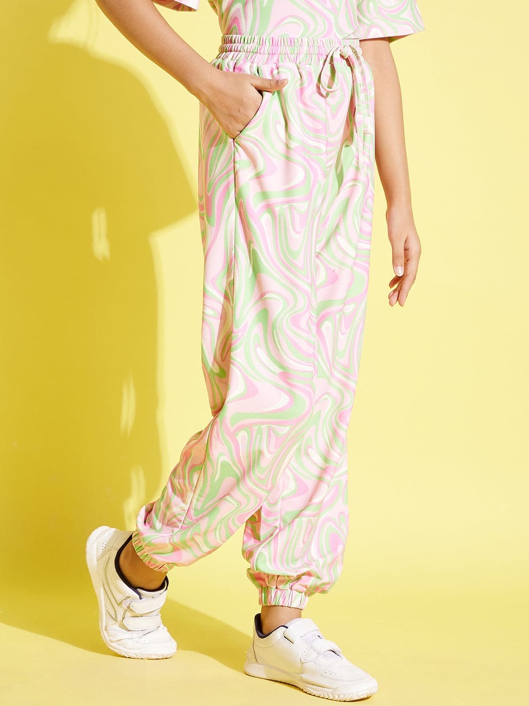 Girls Pink & Green Abstract Waves Print Knit Joggers - Lyush Kids