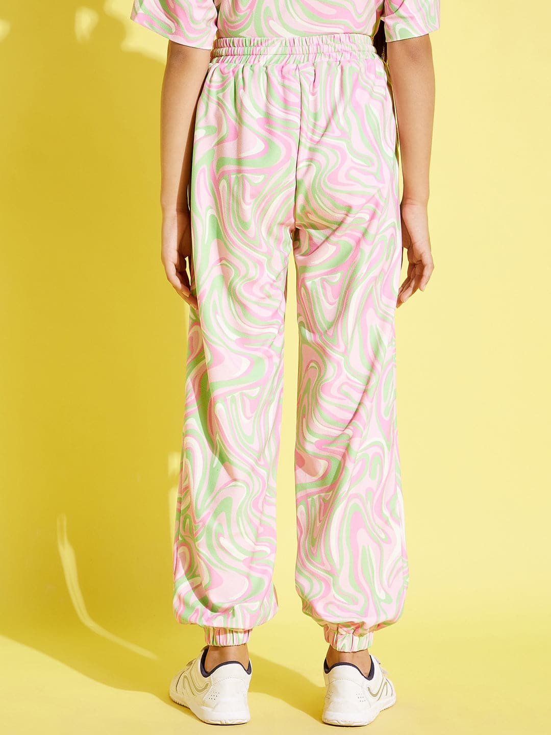 Girls Pink & Green Abstract Waves Print Knit Joggers - Lyush Kids