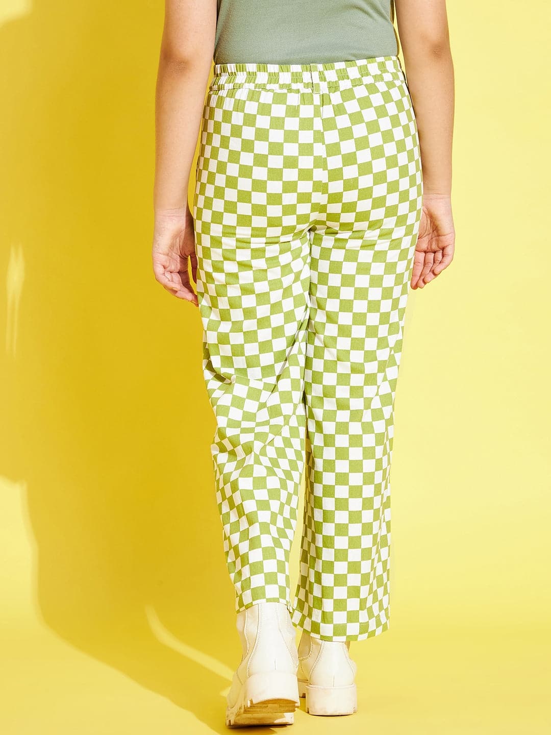 Girls Green & White Geometric Twill Straight Pants - Lyush Kids
