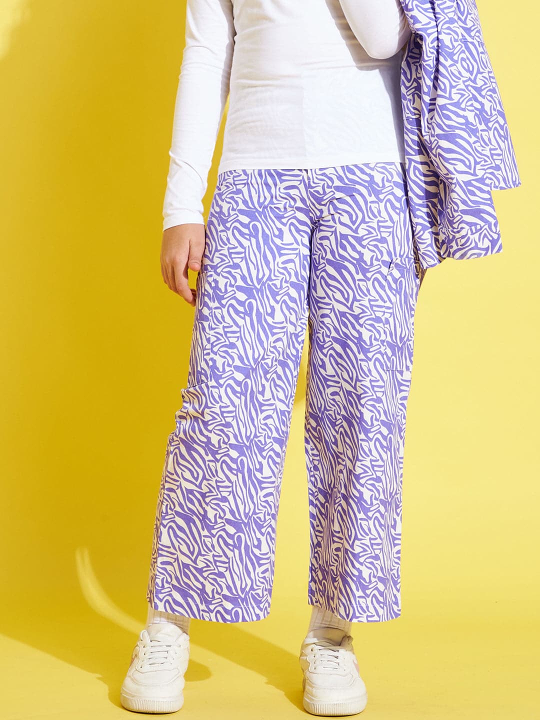 Girls Lavender & White Twill Abstract Waves Straight Pants - Lyush Kids