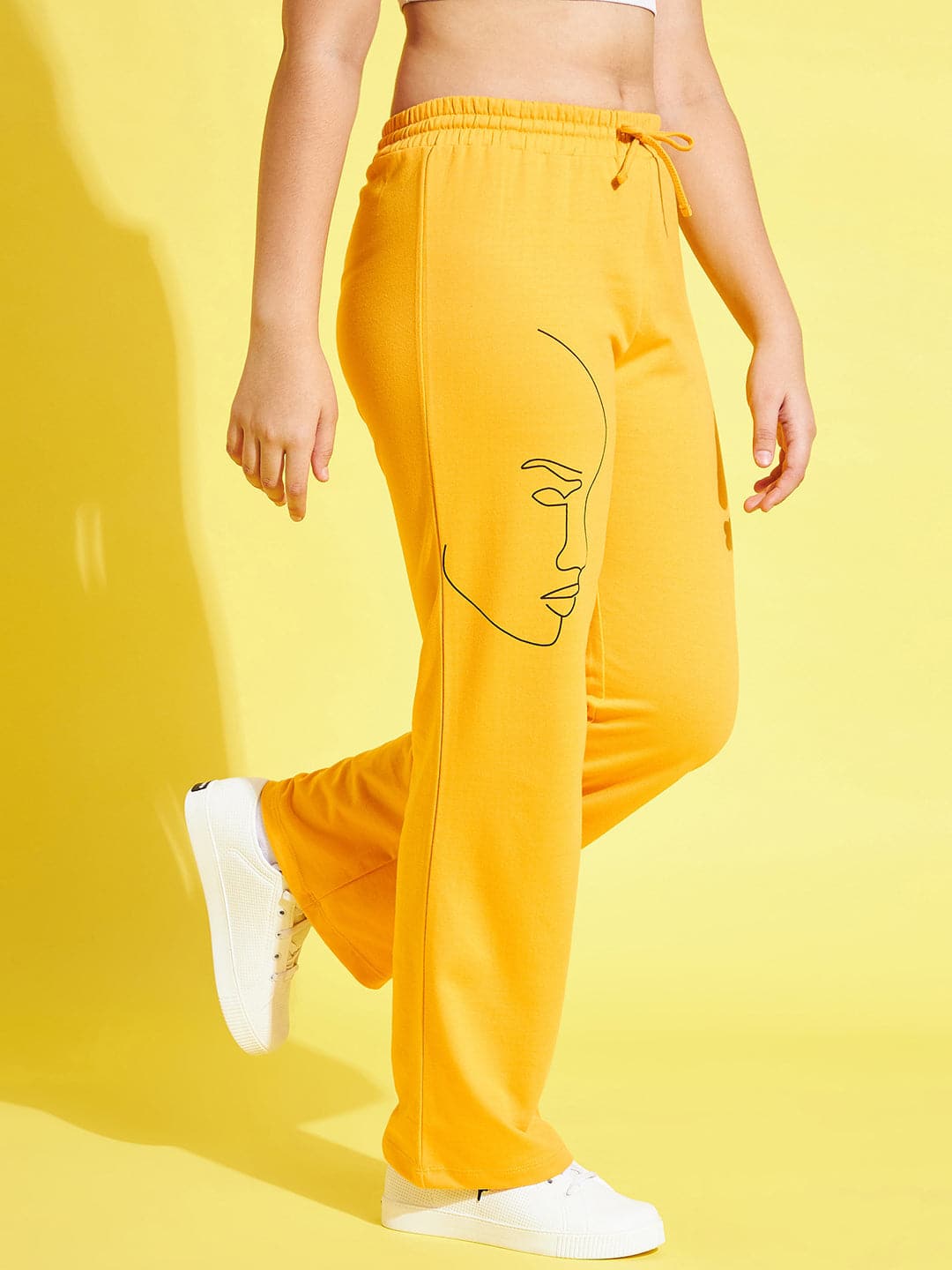 Girls Yellow Face Print Terry Track Pants - Lyush Kids