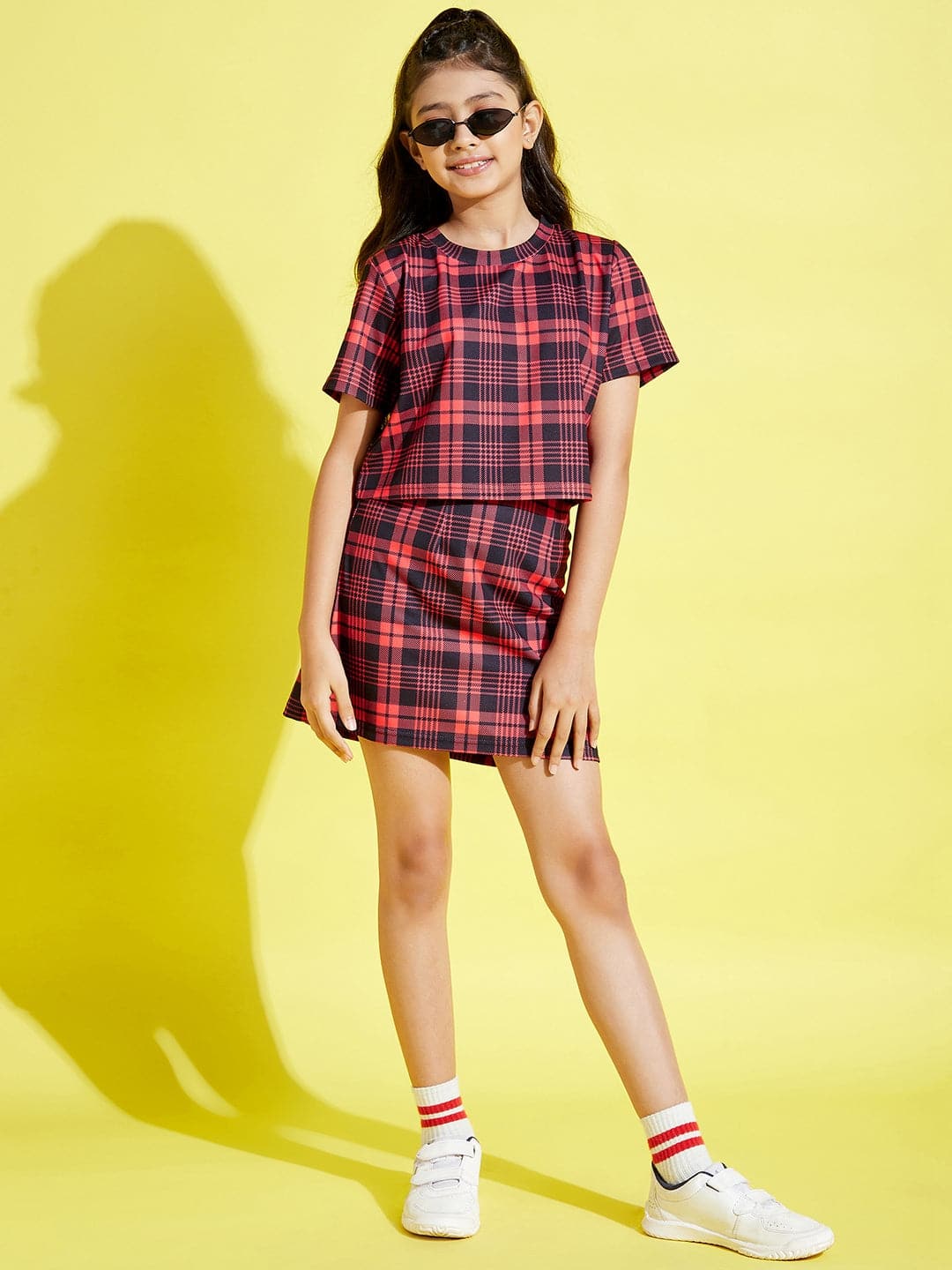 Girls Red & Black Check Crop Top With Skirt - Lyush Kids