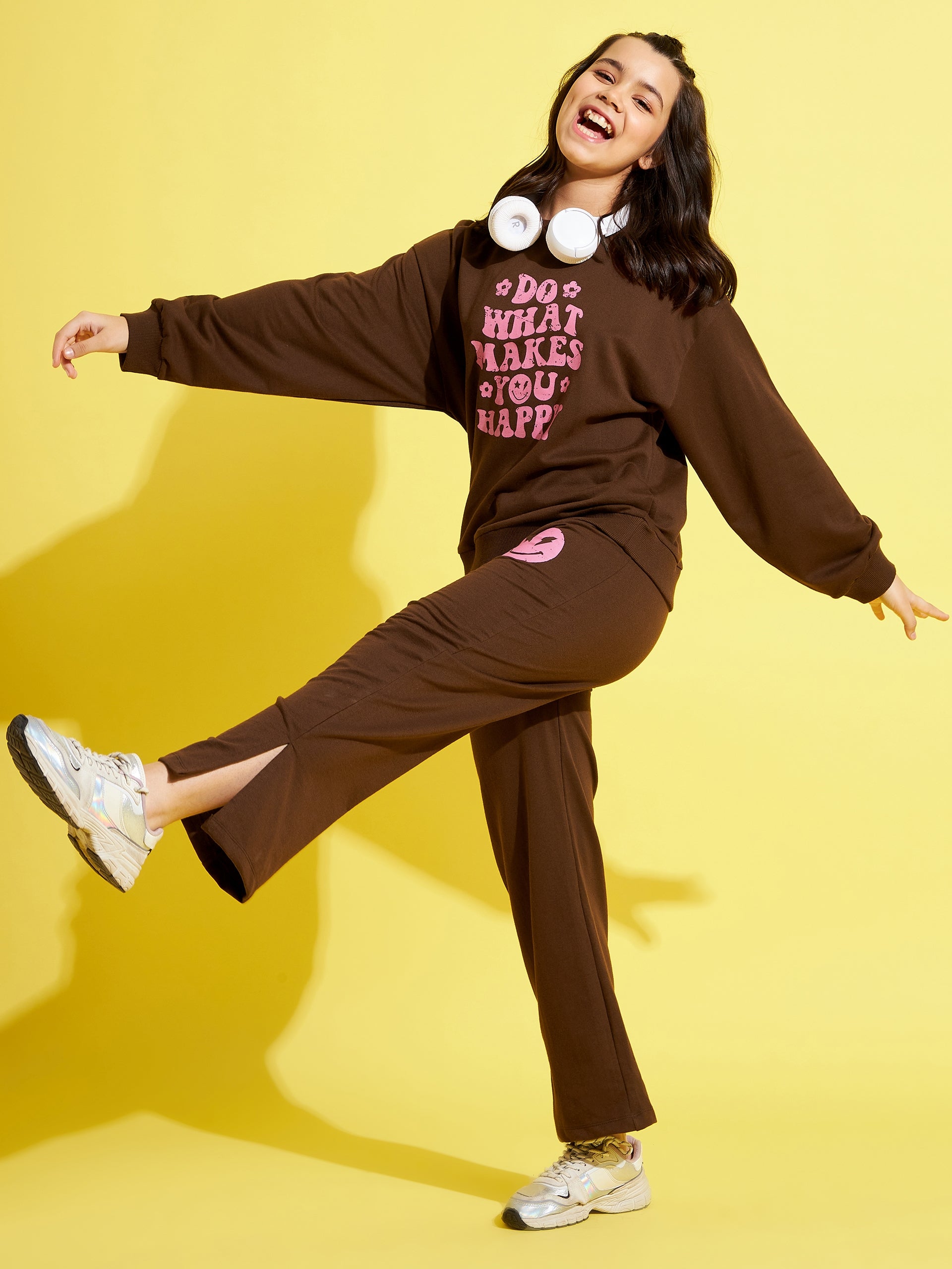 Girls Brown Happy Print Terry Sweatshirt With Track Pants - Lyush Kids