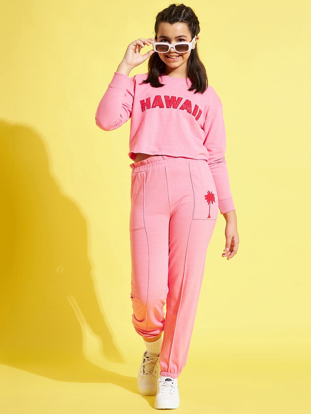 Girls Pink Hawaii Sweatshirt With Paper Bag Joggers - Lyush Kids