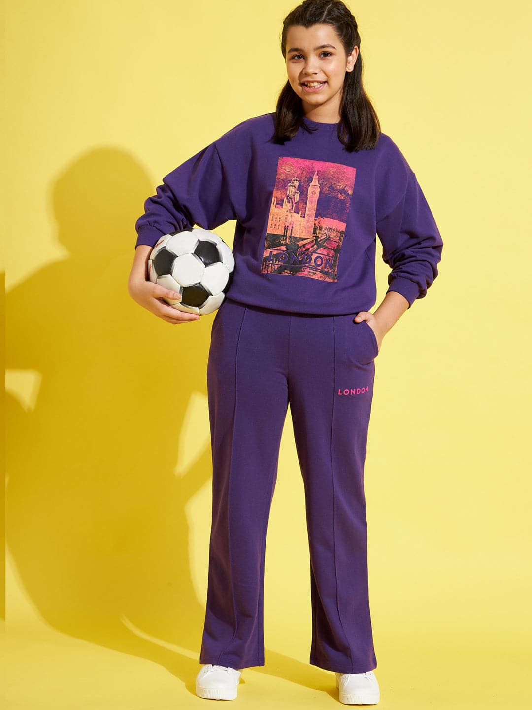 Girls Purple London Sweatshirt With Track Pants - Lyush Kids