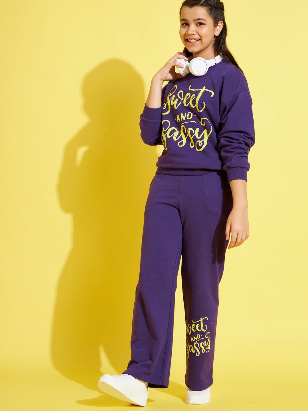 Girls Purple Sweet & Sassy Sweatshirt With Track Pants - Lyush Kids