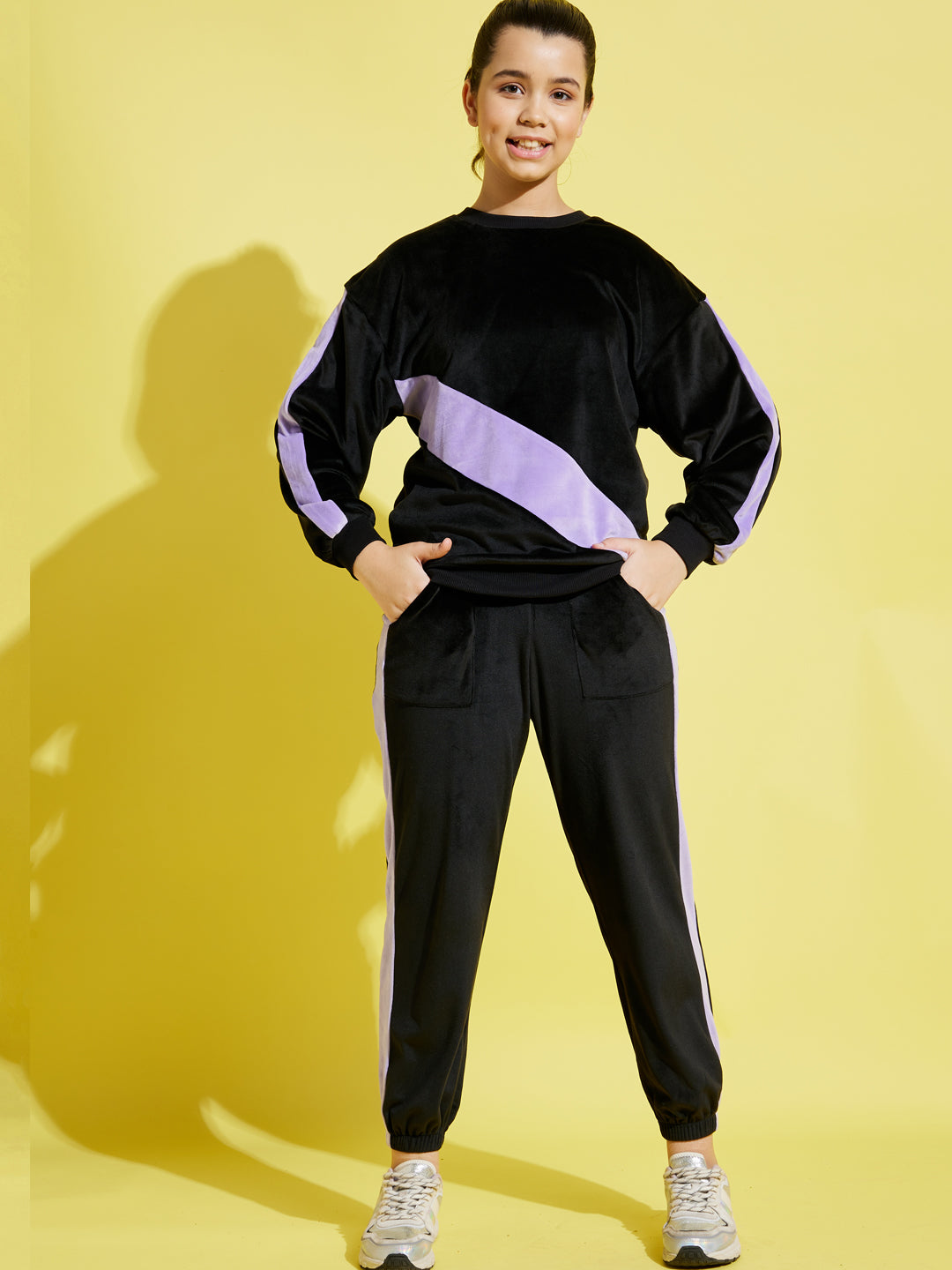Girls Black & Lavender Velour Oversize Sweatshirt With Joggers - Lyush Kids