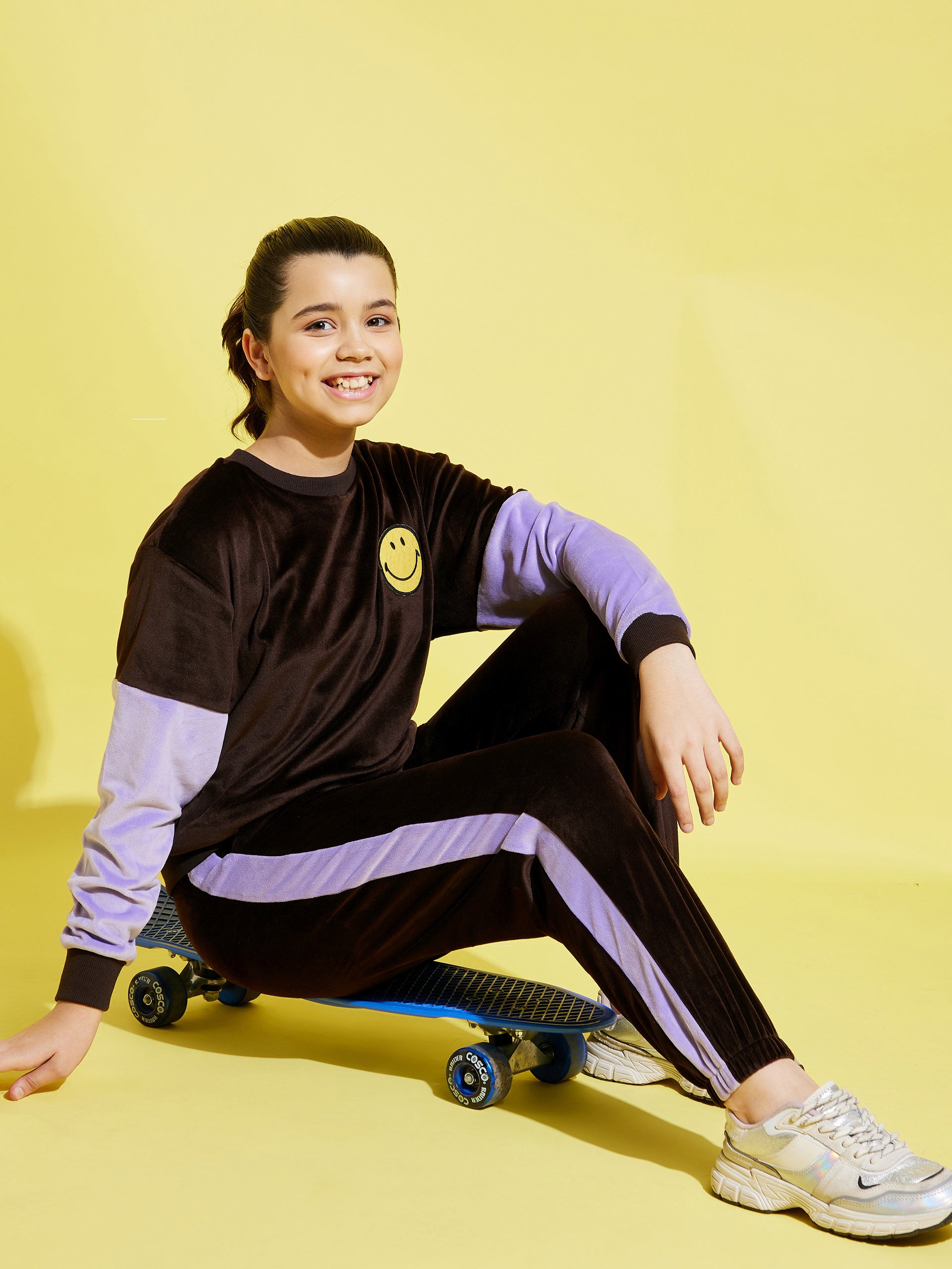 Girls Brown & Lavender Velour Oversize Sweatshirt With Joggers - Lyush Kids