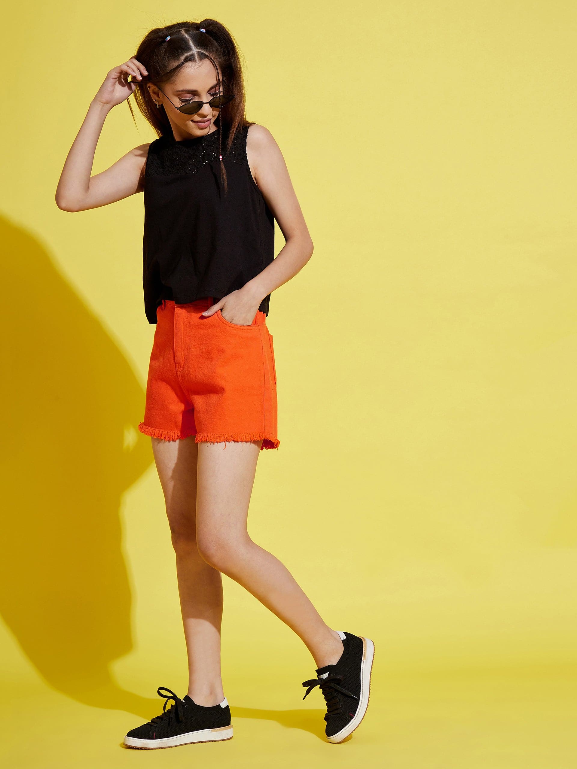 Girls Orange Raw Hem Denim Shorts - Lyush Kids