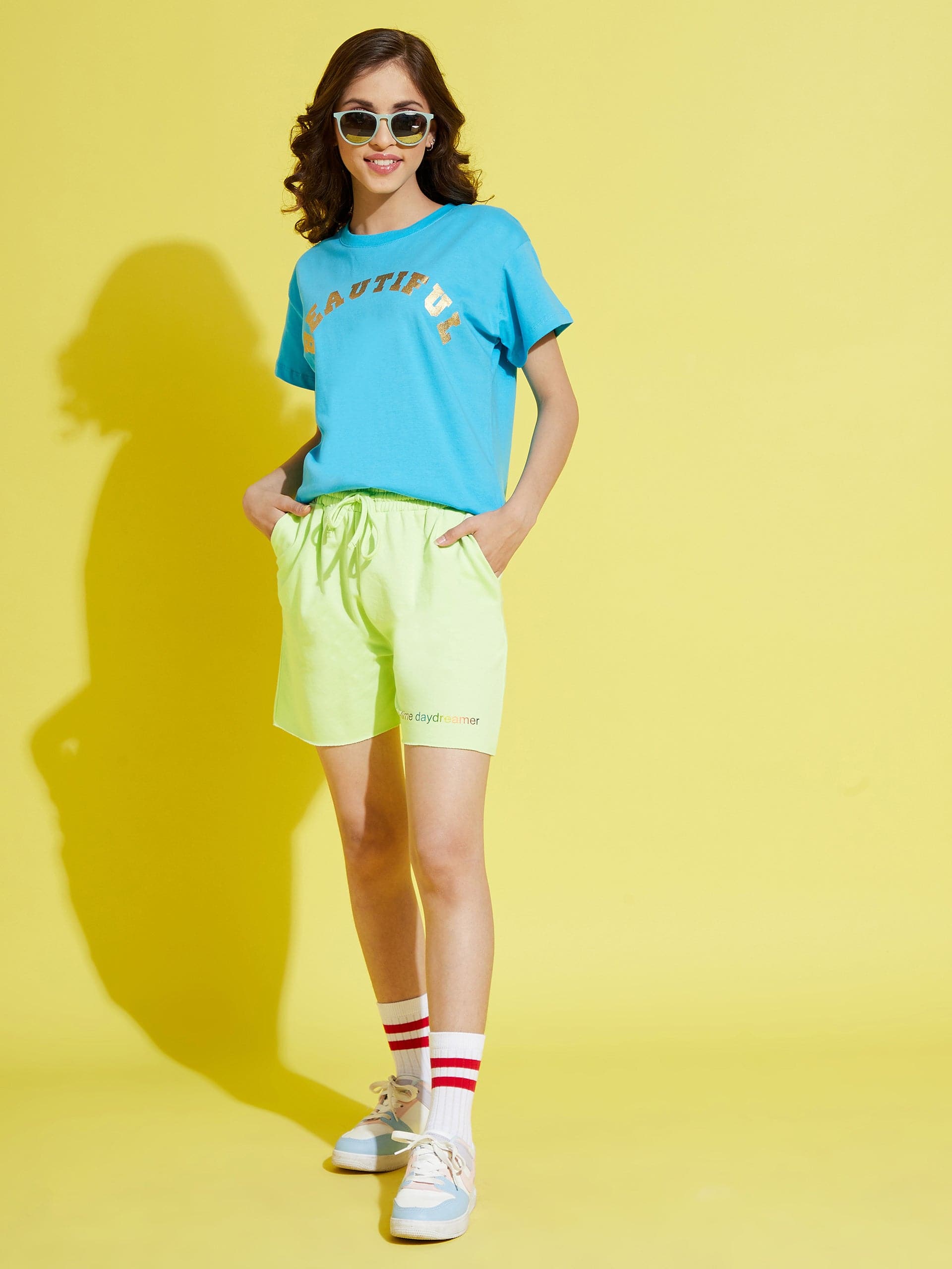 Girls Green Terry Full-Time-Day-Dreamer Baseball Shorts - Lyush Kids
