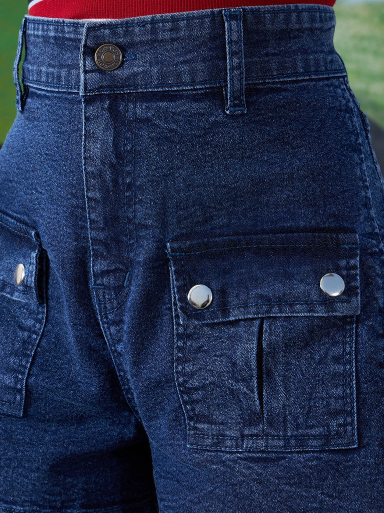 Girls Navy Front Patch Pocket Denim Shorts