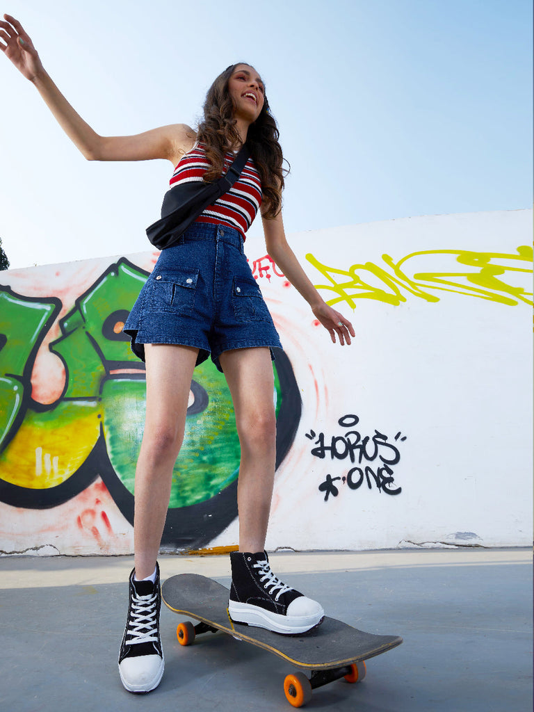 Girls Navy Front Patch Pocket Denim Shorts