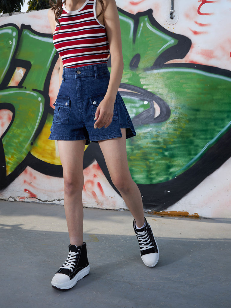 Girls Navy Front Patch Pocket Denim Shorts