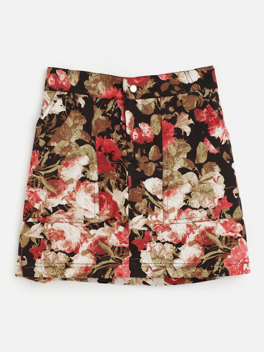 Girls Brown & Red Twill Floral Mini Skirt - Lyush Kids