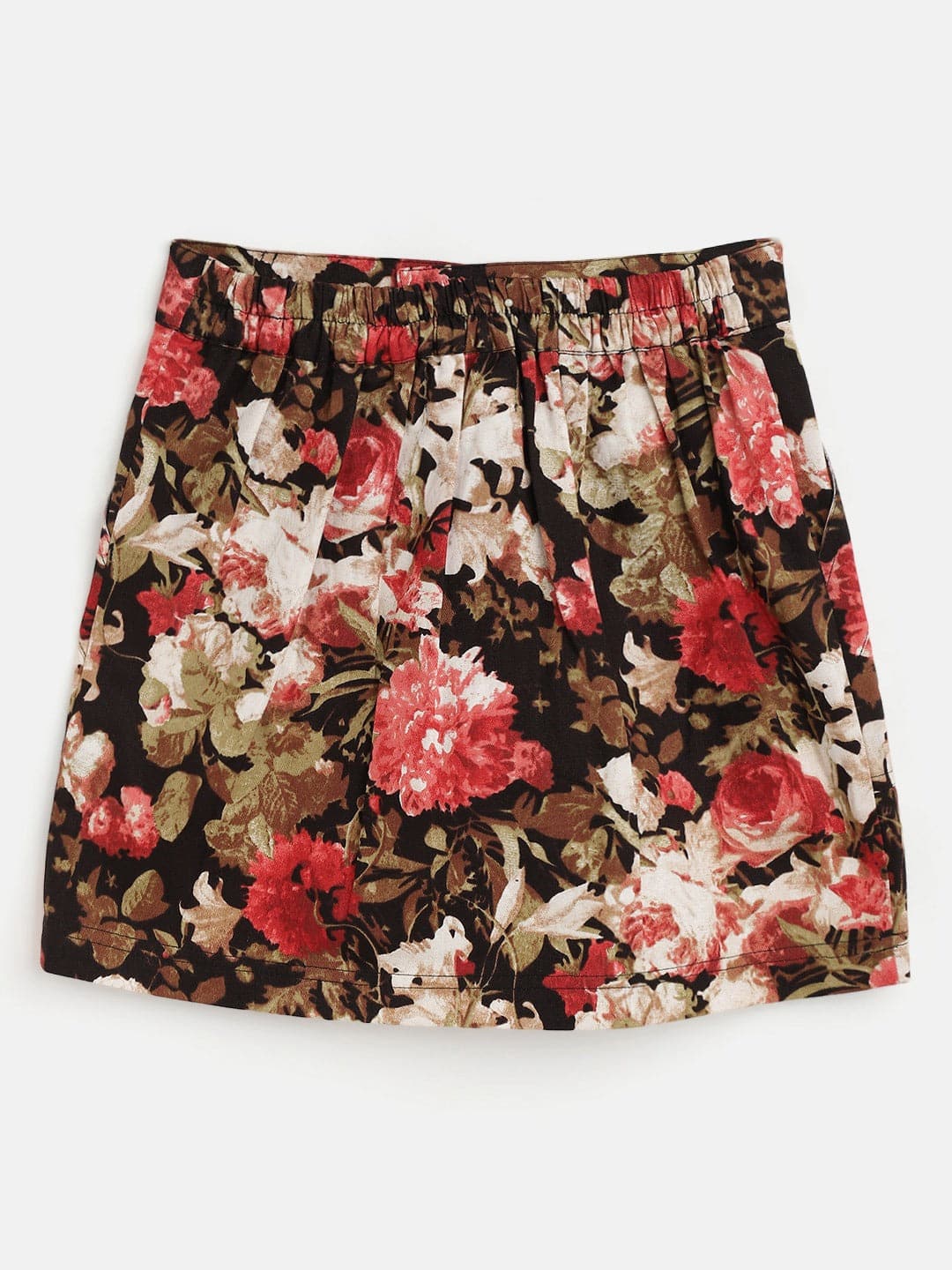 Girls Brown & Red Twill Floral Mini Skirt - Lyush Kids