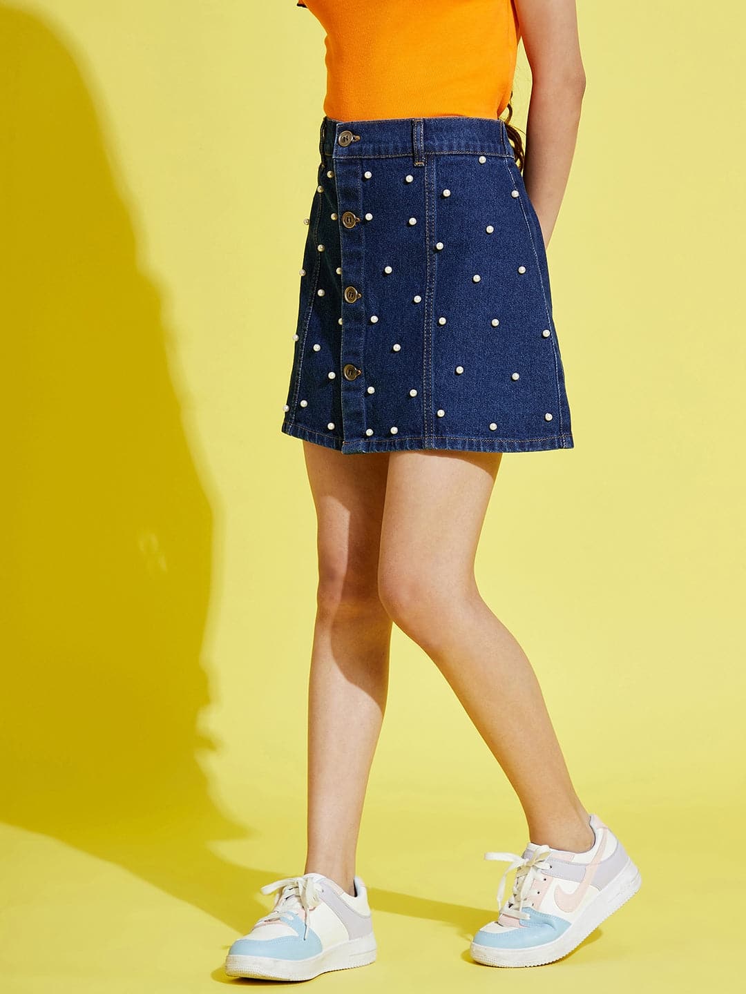 Girls Navy Pearl Front Button Denim Mini Skirt - Lyush Kids