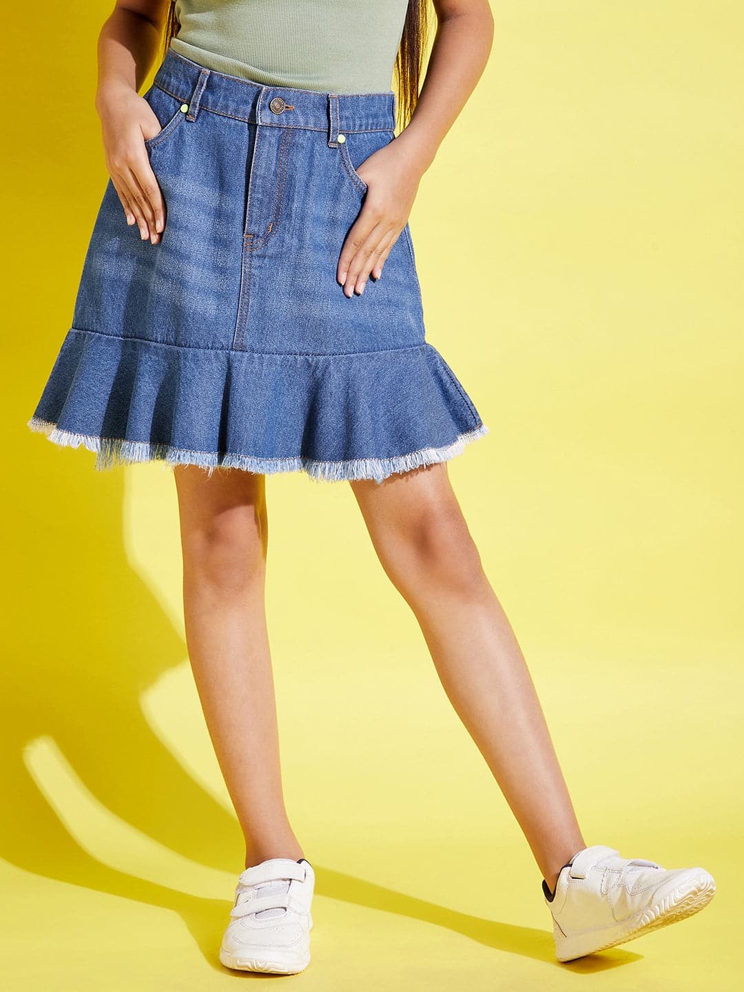 Girls Blue Raw Hem Denim Mini Skirt - Lyush Kids