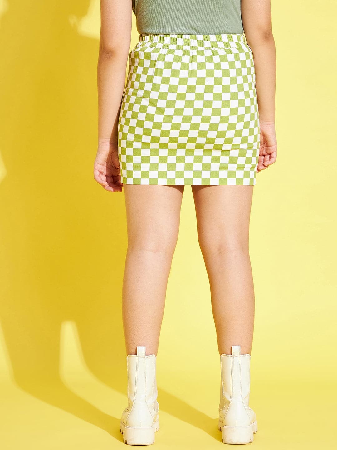 Girls Green & White Geometric Print Twill Mini Skirt - Lyush Kids
