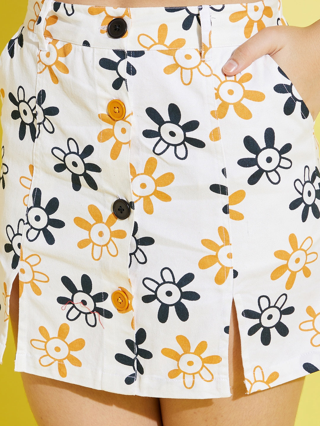 Girls White Floral Print Twill Front Button Mini Skirt - Lyush Kids