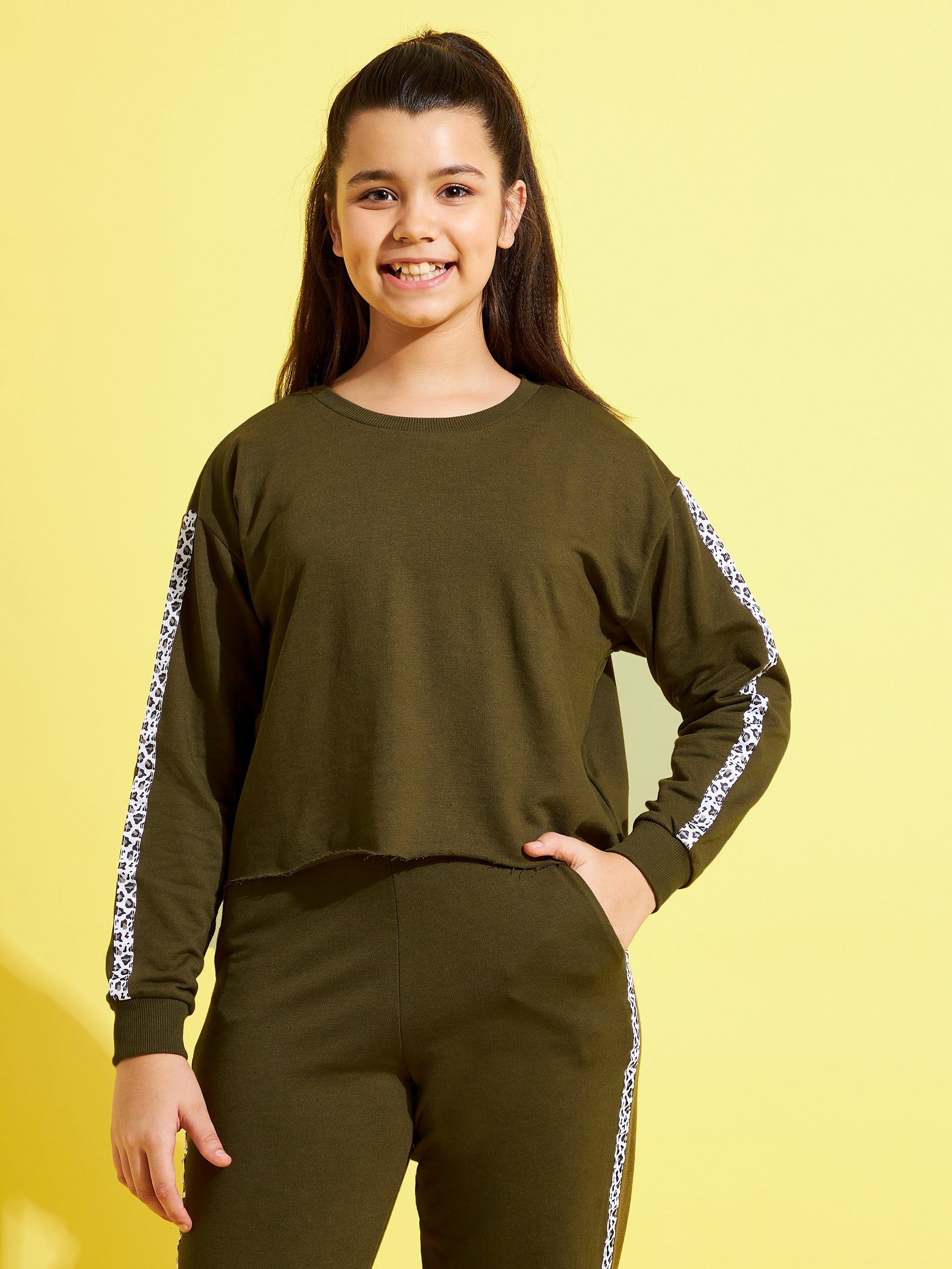 Girls Olive Terry Shoulder Tape Crop Sweatshirt - Lyush Kids