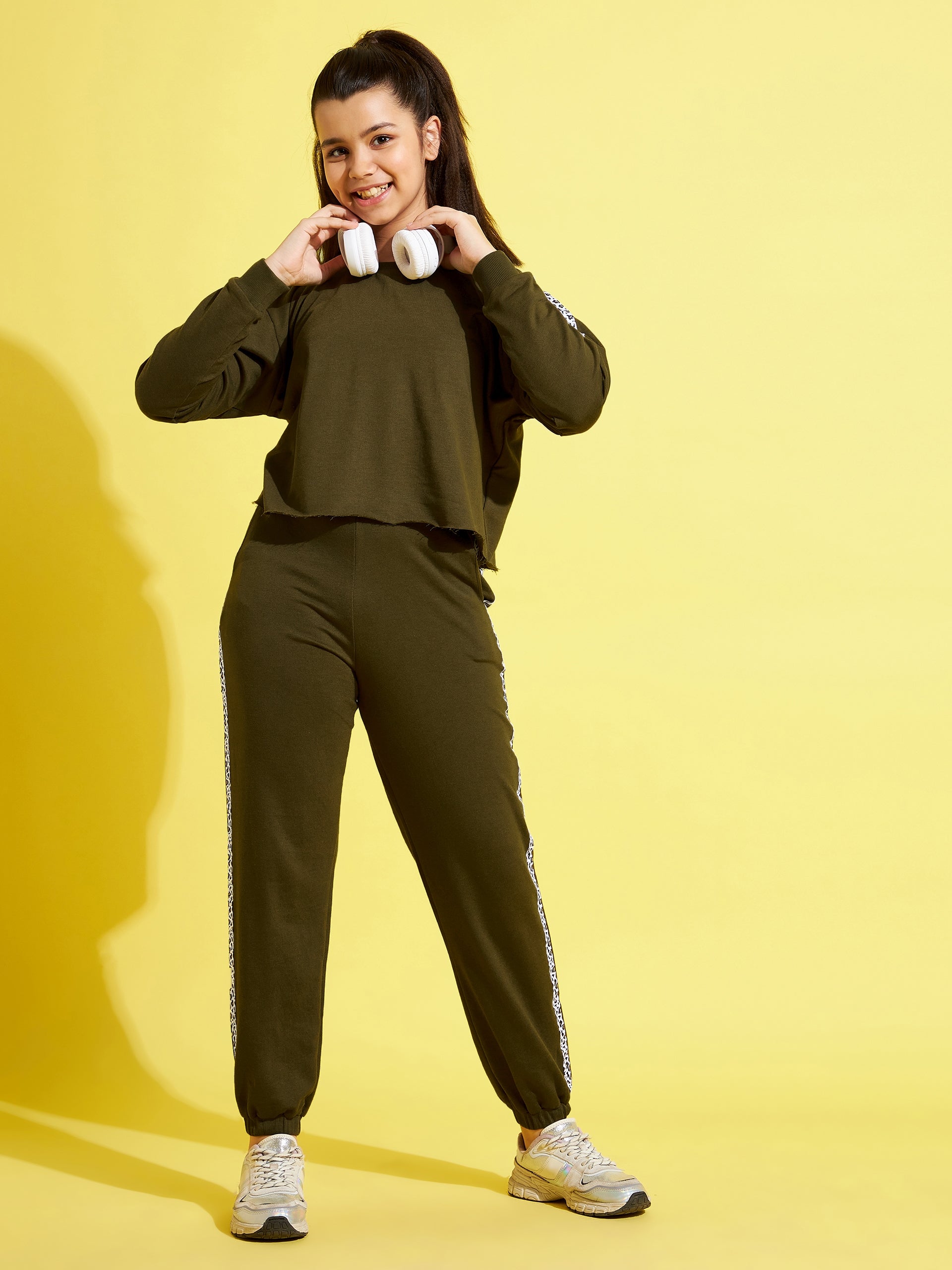 Girls Olive Terry Shoulder Tape Crop Sweatshirt - Lyush Kids