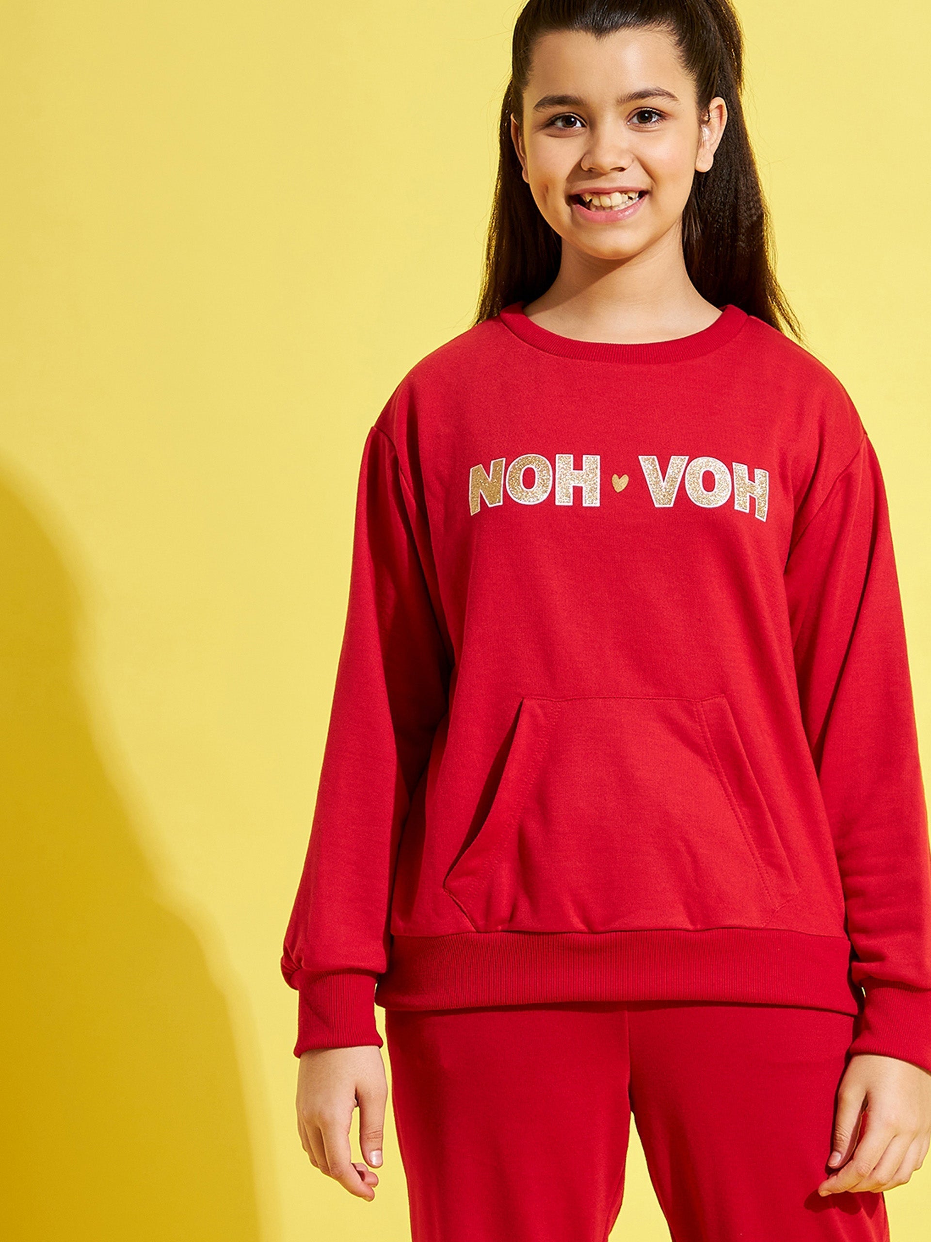 Girls Red Terry Noh.Voh Glitter Logo Sweatshirt - Lyush Kids