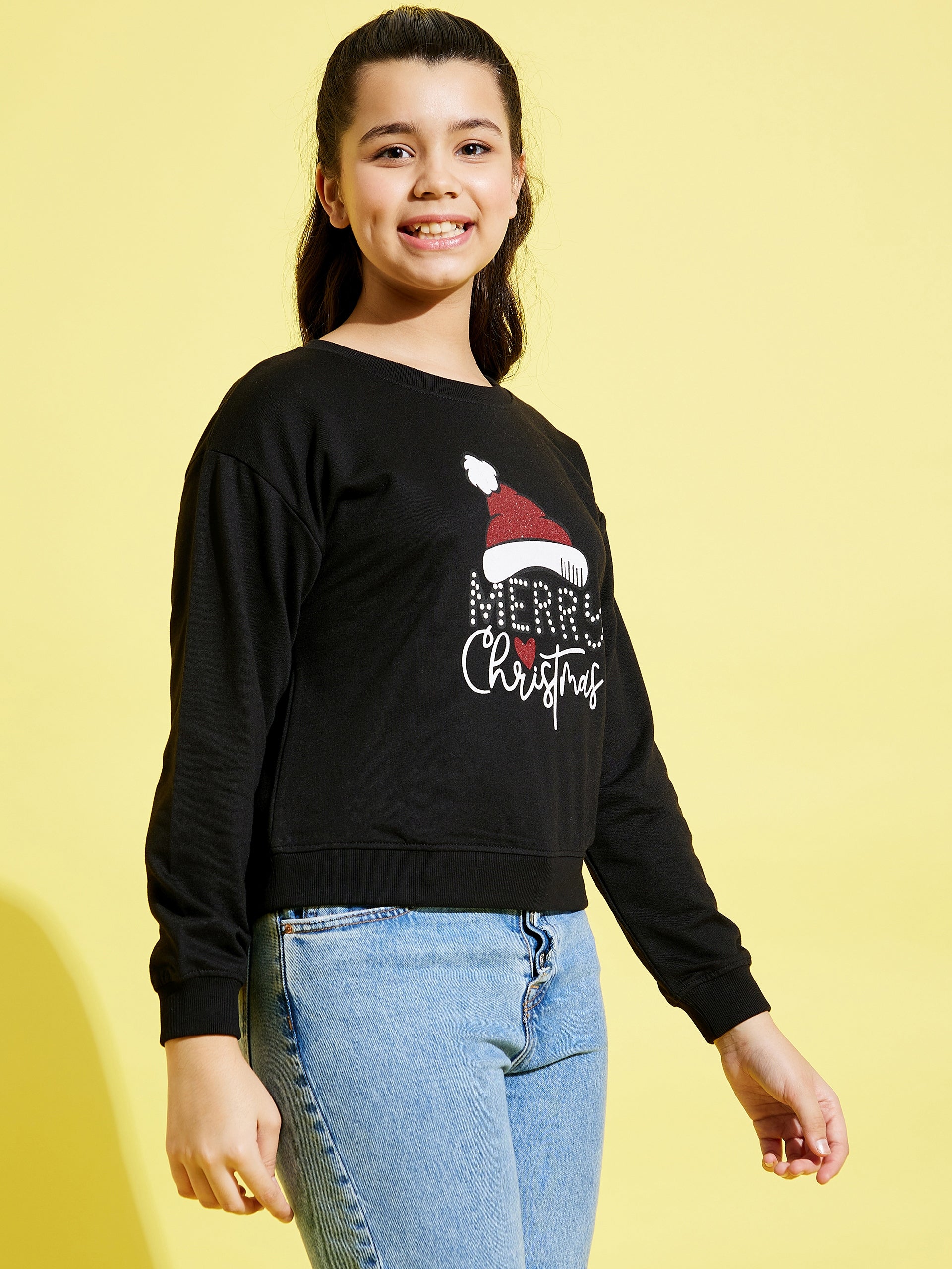 Girls Black Merry Christmas Glitter Sweatshirt - Lyush Kids