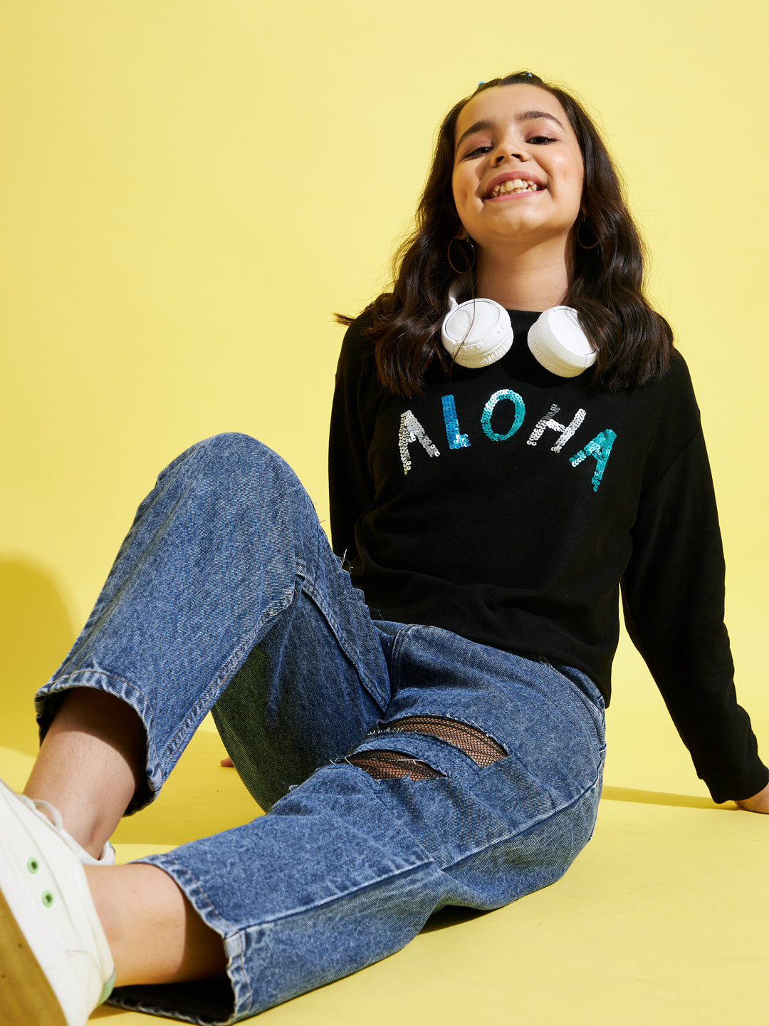 Girls Black Aloha Embroidered Sweatshirt - Lyush Kids