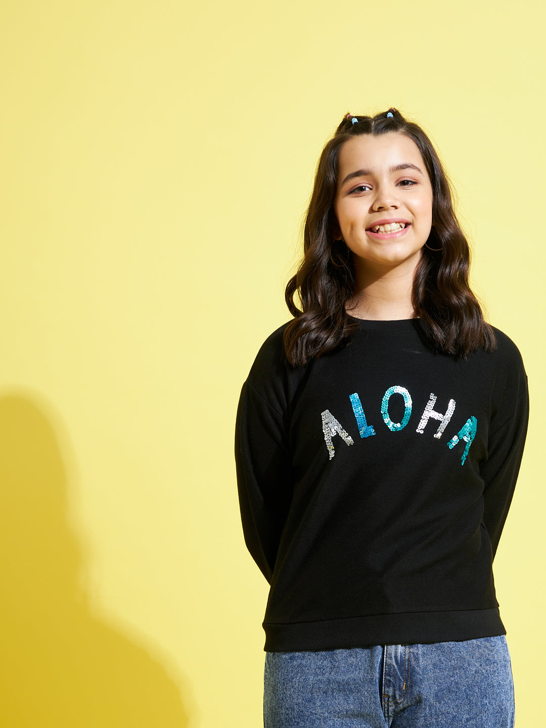 Girls Black Aloha Embroidered Sweatshirt - Lyush Kids