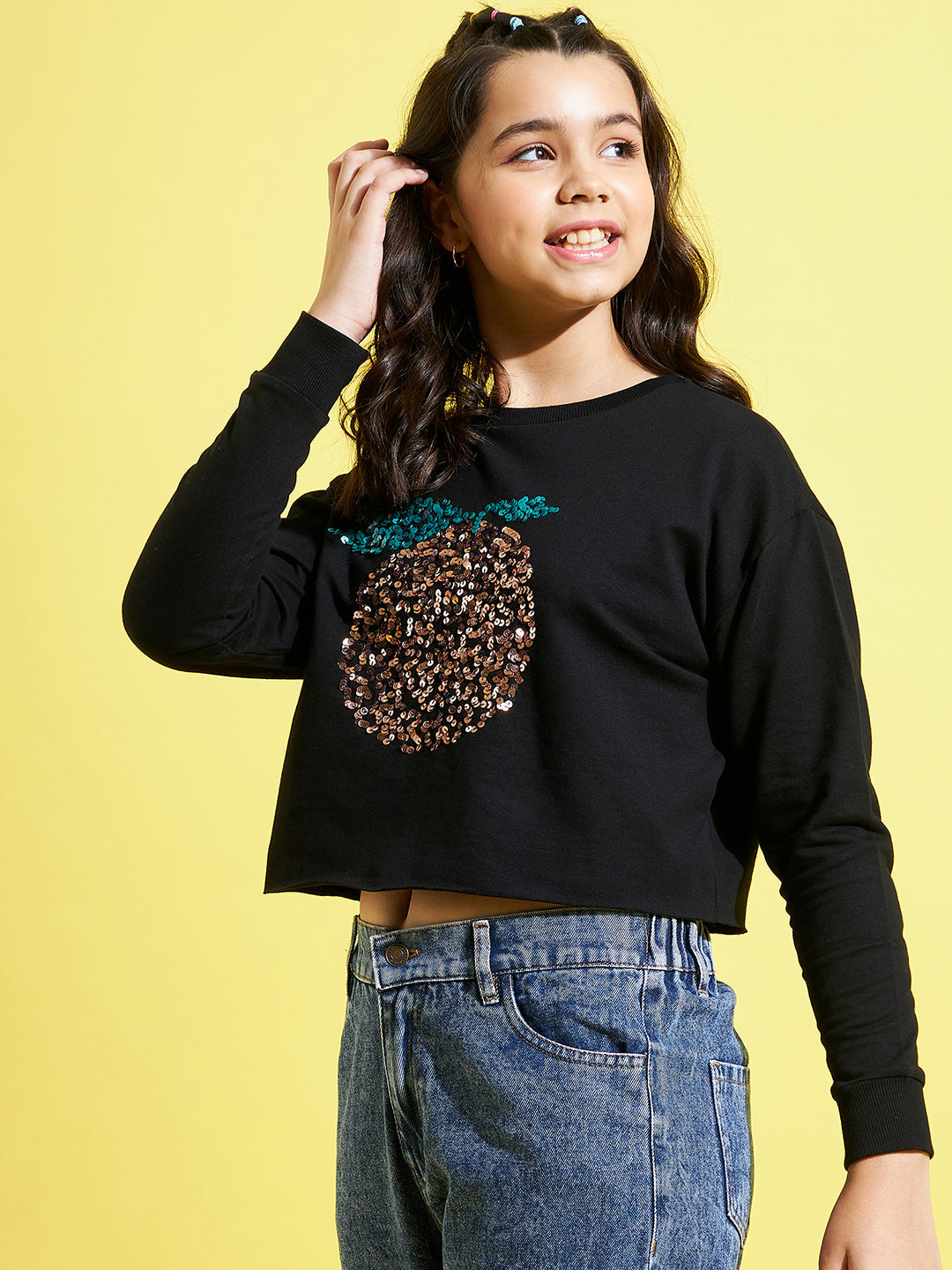 Girls Black Orange Embroidered Crop Sweatshirt - Lyush Kids
