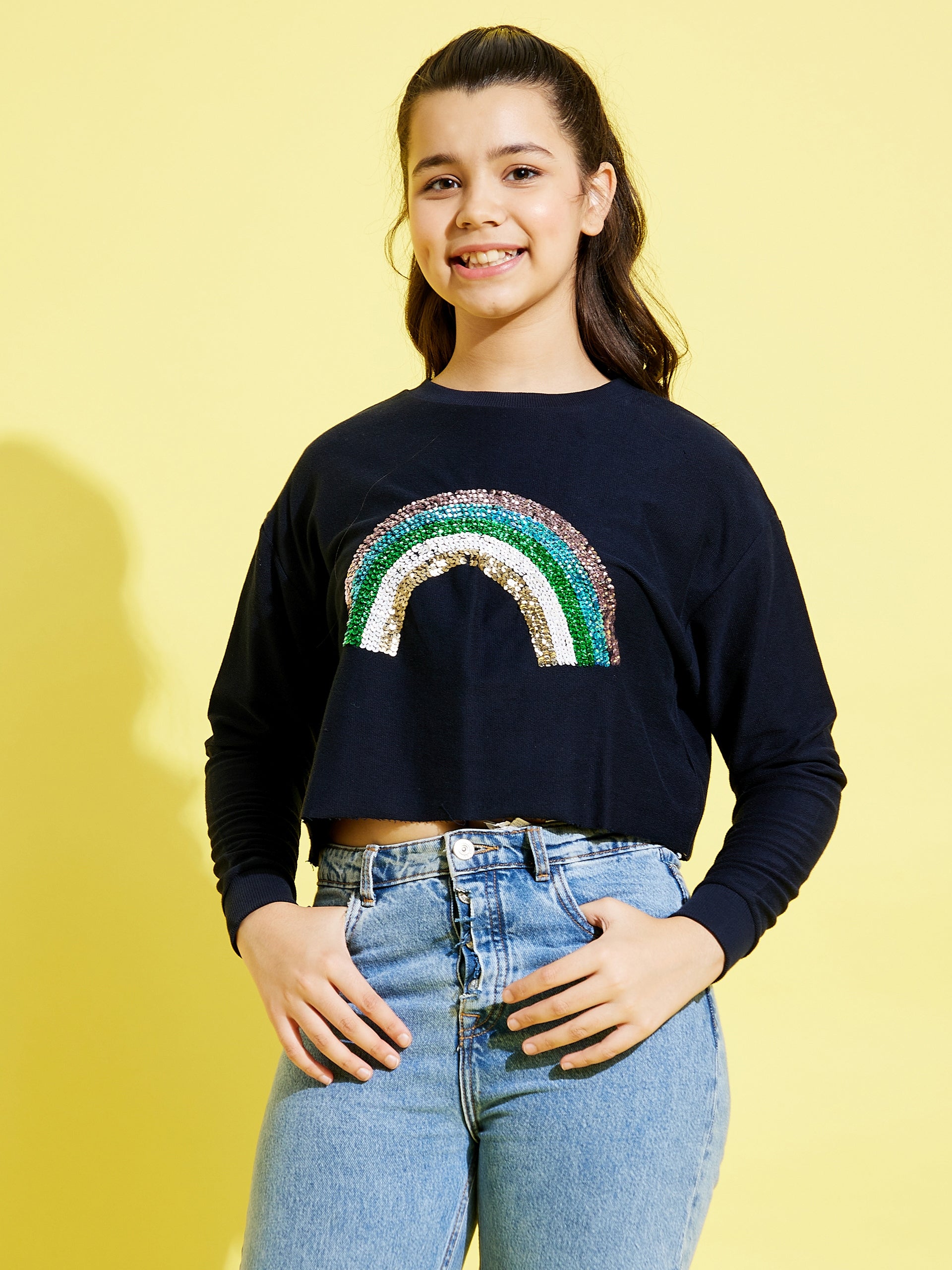 Girls Navy Rainbow Embroidered Crop Sweatshirt - Lyush Kids