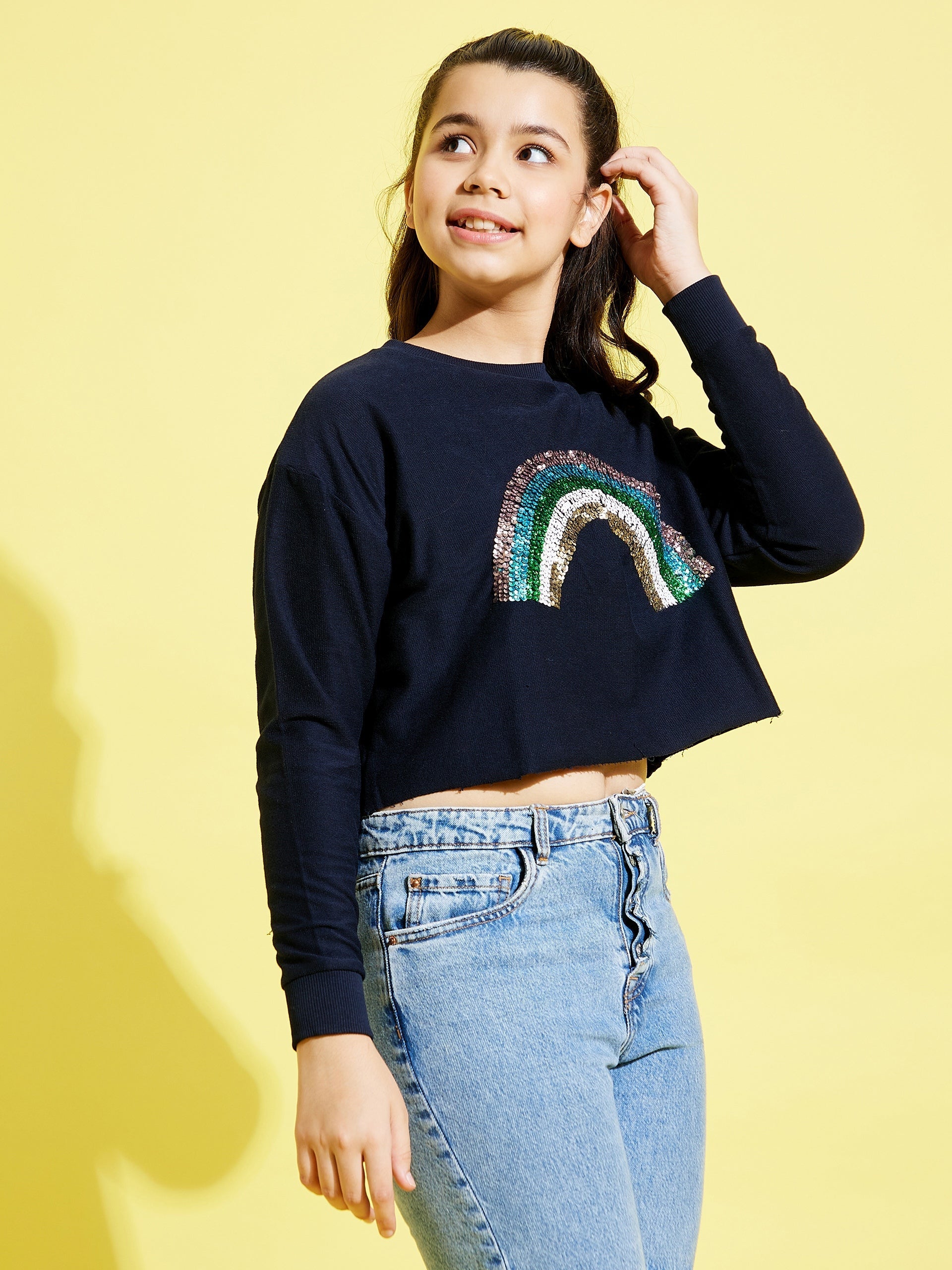 Girls Navy Rainbow Embroidered Crop Sweatshirt - Lyush Kids