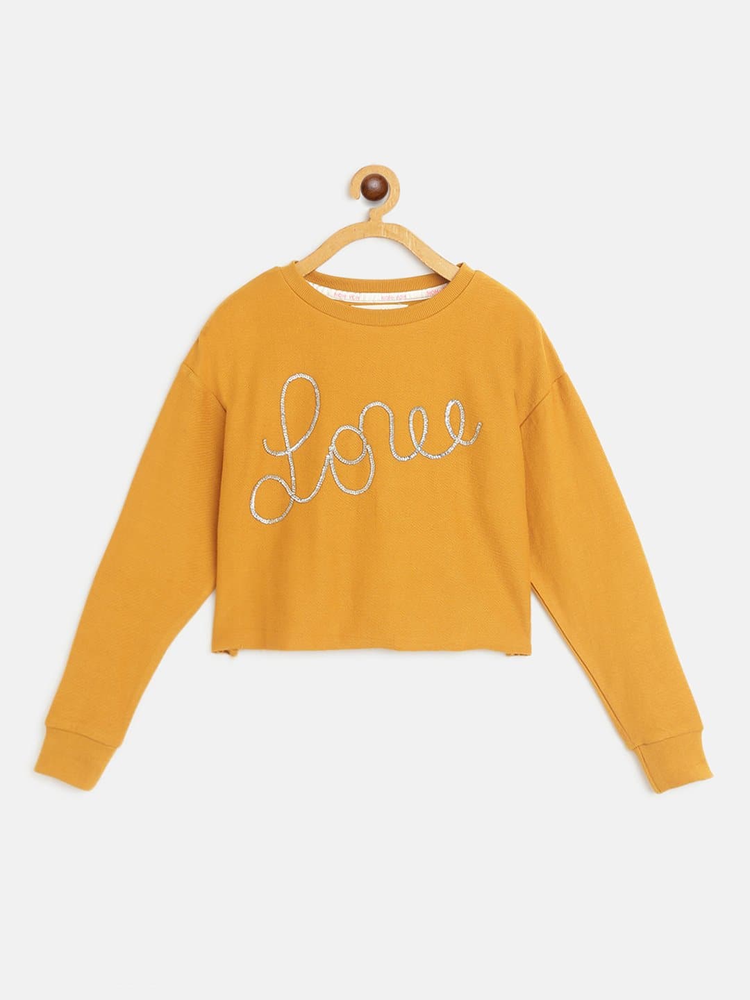 Girls Mustard Love Embroidered Crop Sweatshirt - Lyush Kids