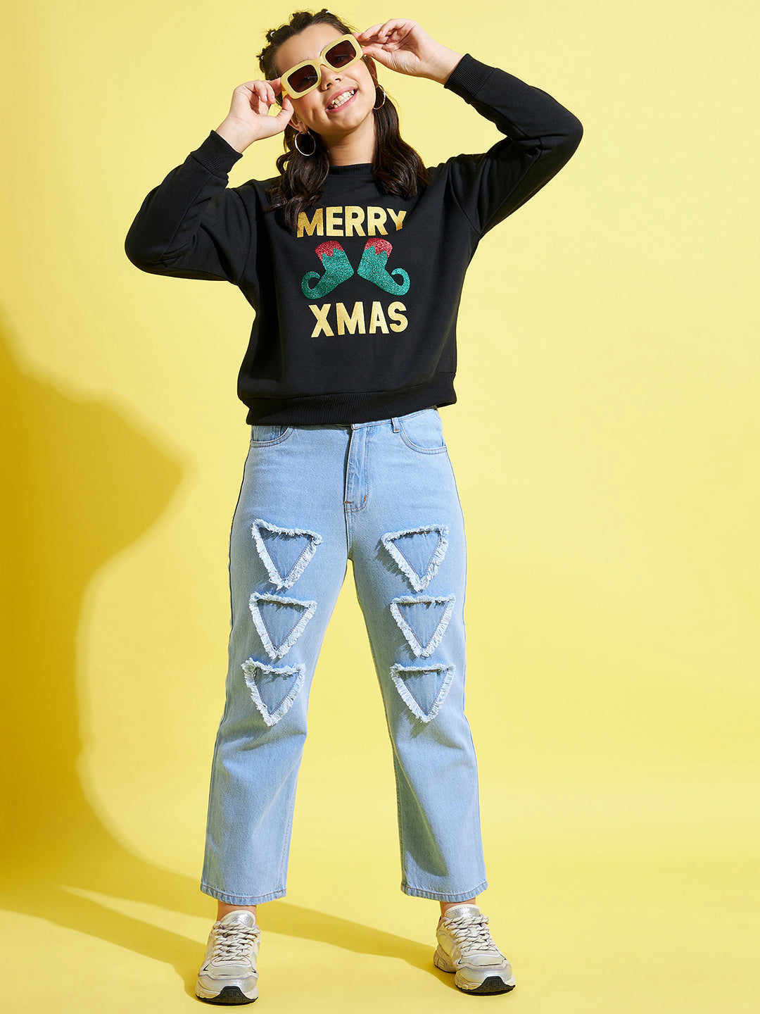 Girls Black Merry Xmas Print Sweatshirt - Lyush Kids