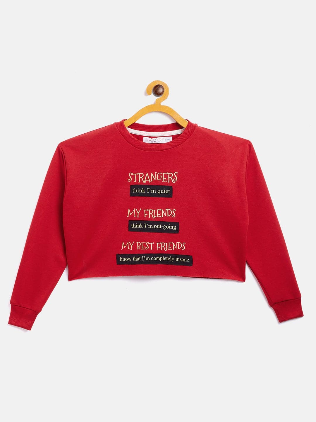 Girls Red Terry Strangers Quote Crop Sweatshirt - Lyush Kids